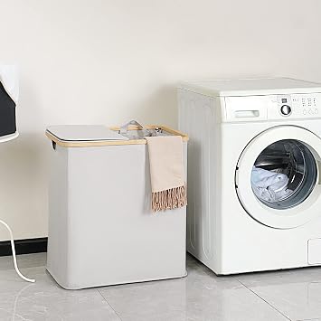 efluky 140L Laundry Baskets with Lid 2 Compartments, Large Laundry Hamper, Double Laundry Basket Laundry Storage with 2 Removable Bags, Light Grey