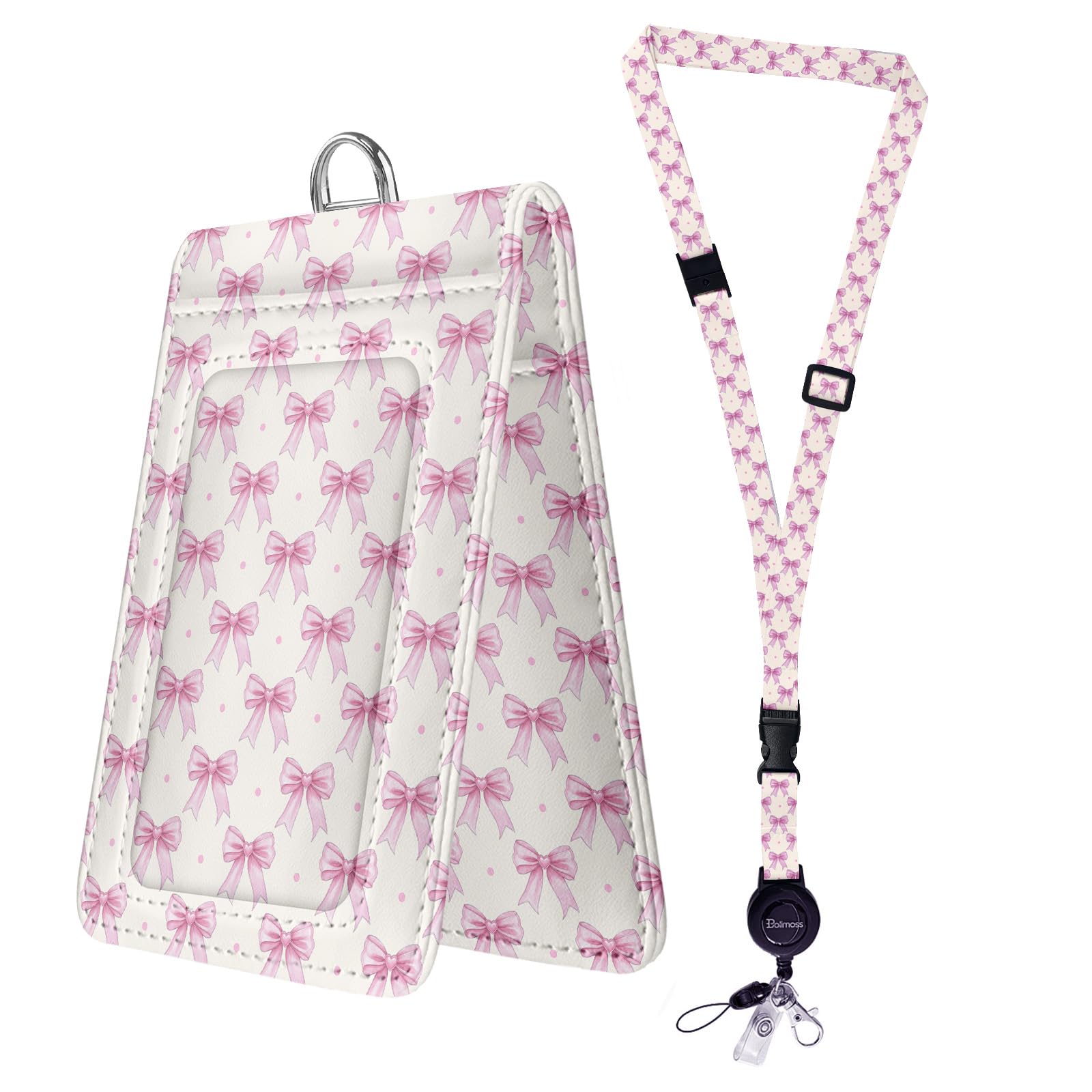 Bolimoss Pink Bow Lanyards for ID Badges, Cute Women PU Leather Badge Holder with Double Sided Windows, Breakaway Neck Lanyards with Retractable Reel, Adjustable Badge Lanyard with Swivel Metal Clasp — image 1