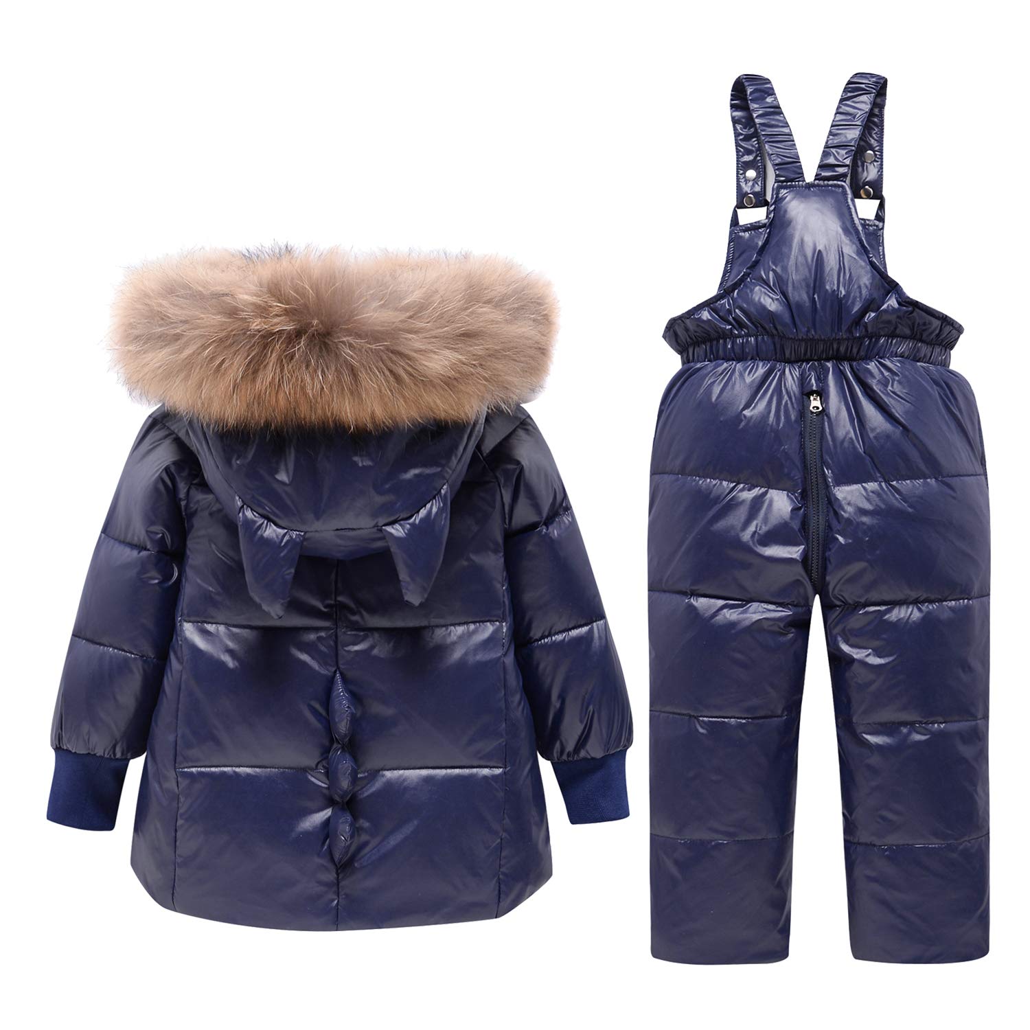 Baby Boys Girls Snowsuit Toddler Winter Hooded Artificial Fur Down Jacket Coat Ski Bib Pants