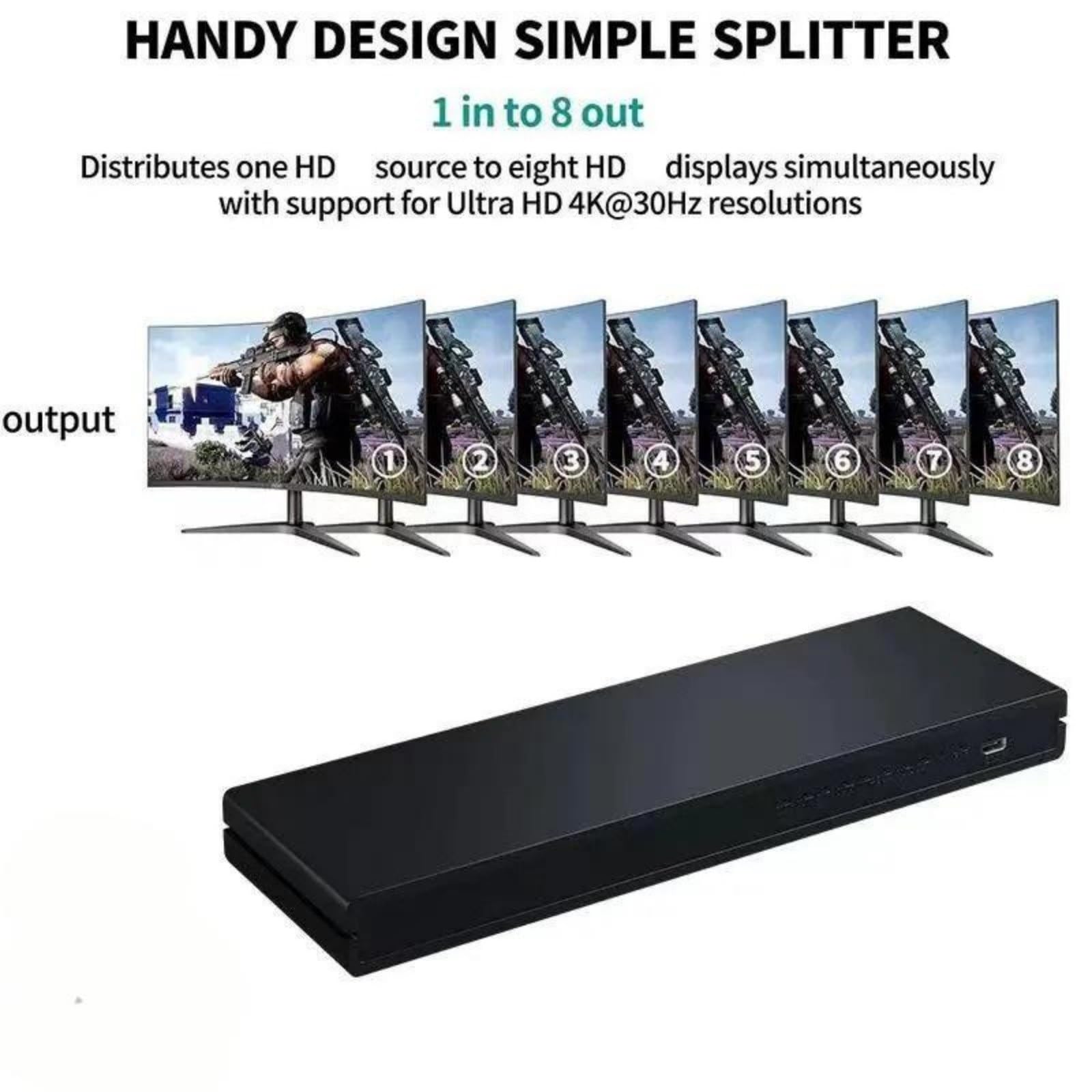 Convertitore distributore Video 1x8 Compatibile con HDMI 1 in 8 out 4K 30Hz Splitter a Porte for PC, Laptop, Dvd, proiettore, TV con Ampia compatibilità, Facile da configurare