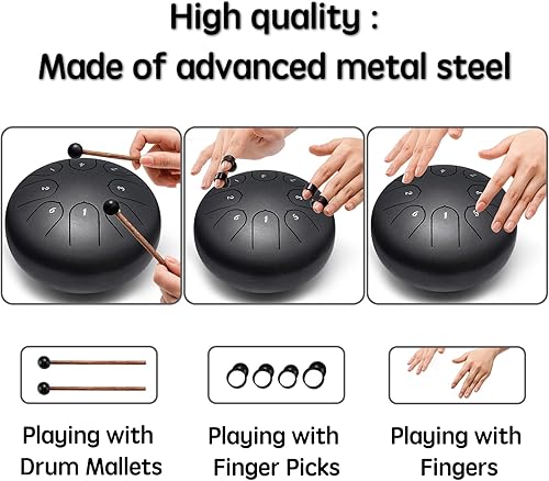 Miniatura 8 de Lronbird Tambor de lengua de acero de aleación de 6 pulgadas, 8 notas con palitos de bolsa, libro de música, instrumentos de curación de sonido para