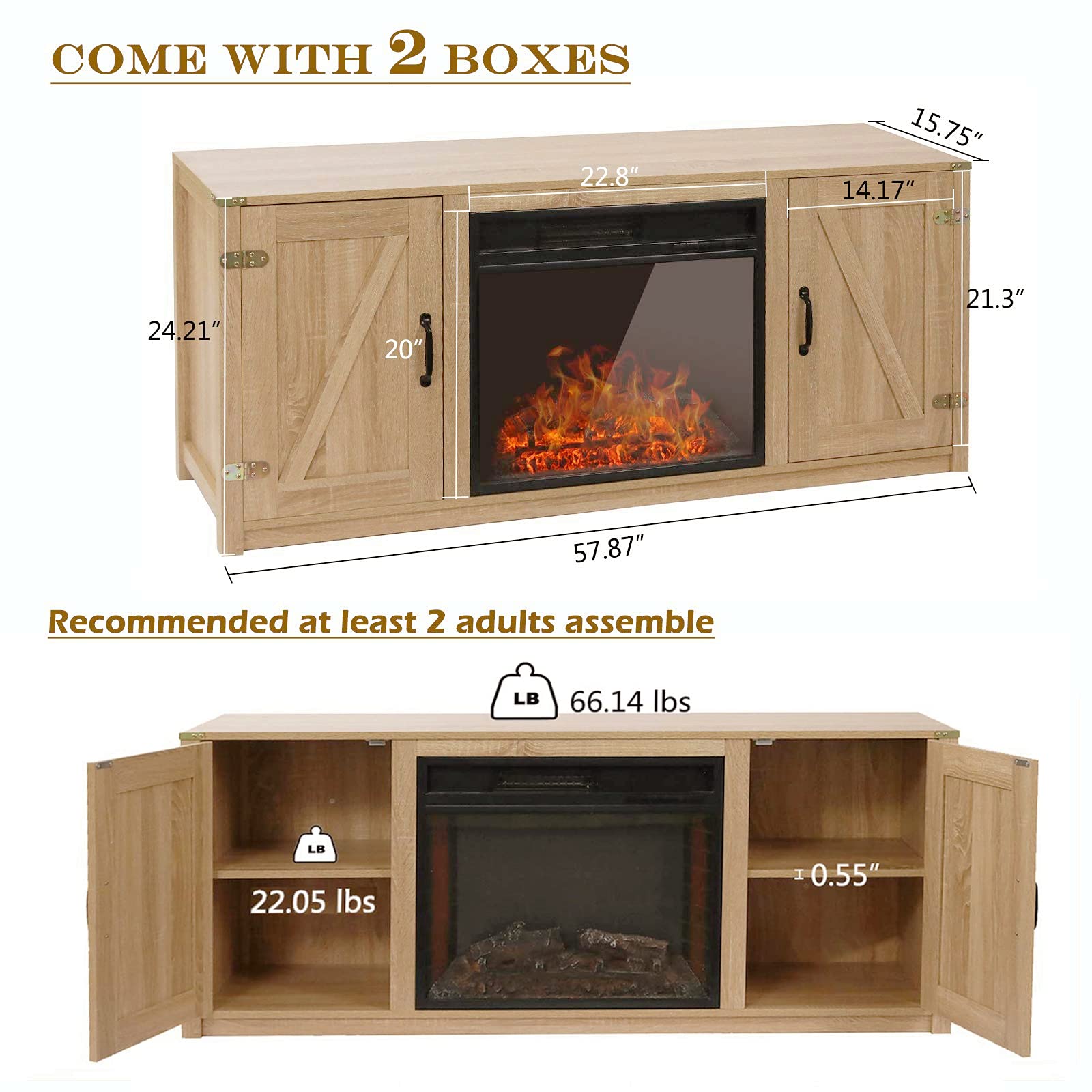 VINGLI Farmhouse Fireplace TV Stand with Barn Door for TVs up to 65