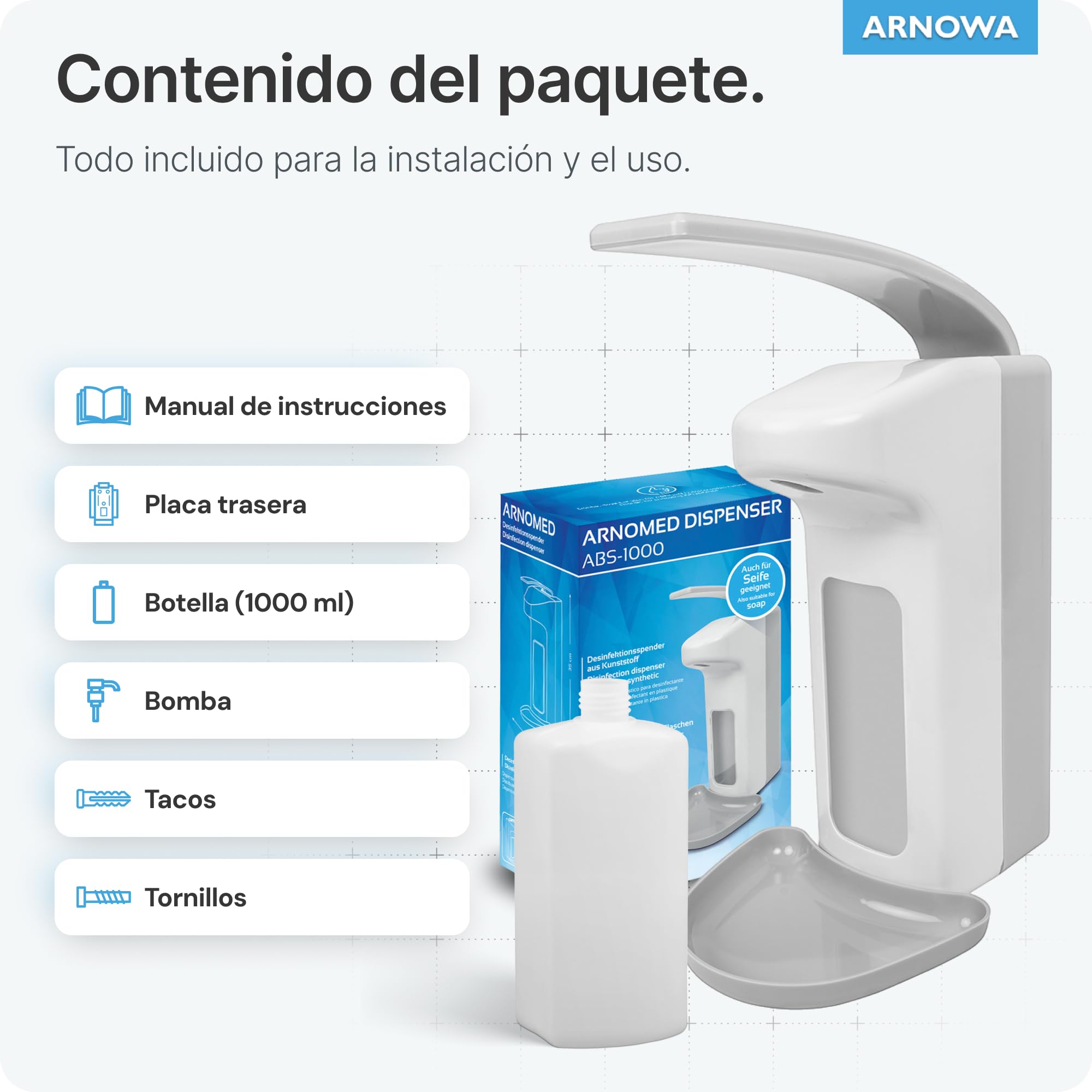 ARNOMED 4 dispensador jabon baño Pared de plástico para 1000ml, dispensador jabon Pared de Palanca, dispensador de jabon Pared Blanco, dispensador Vertical de jabón sin taladrar