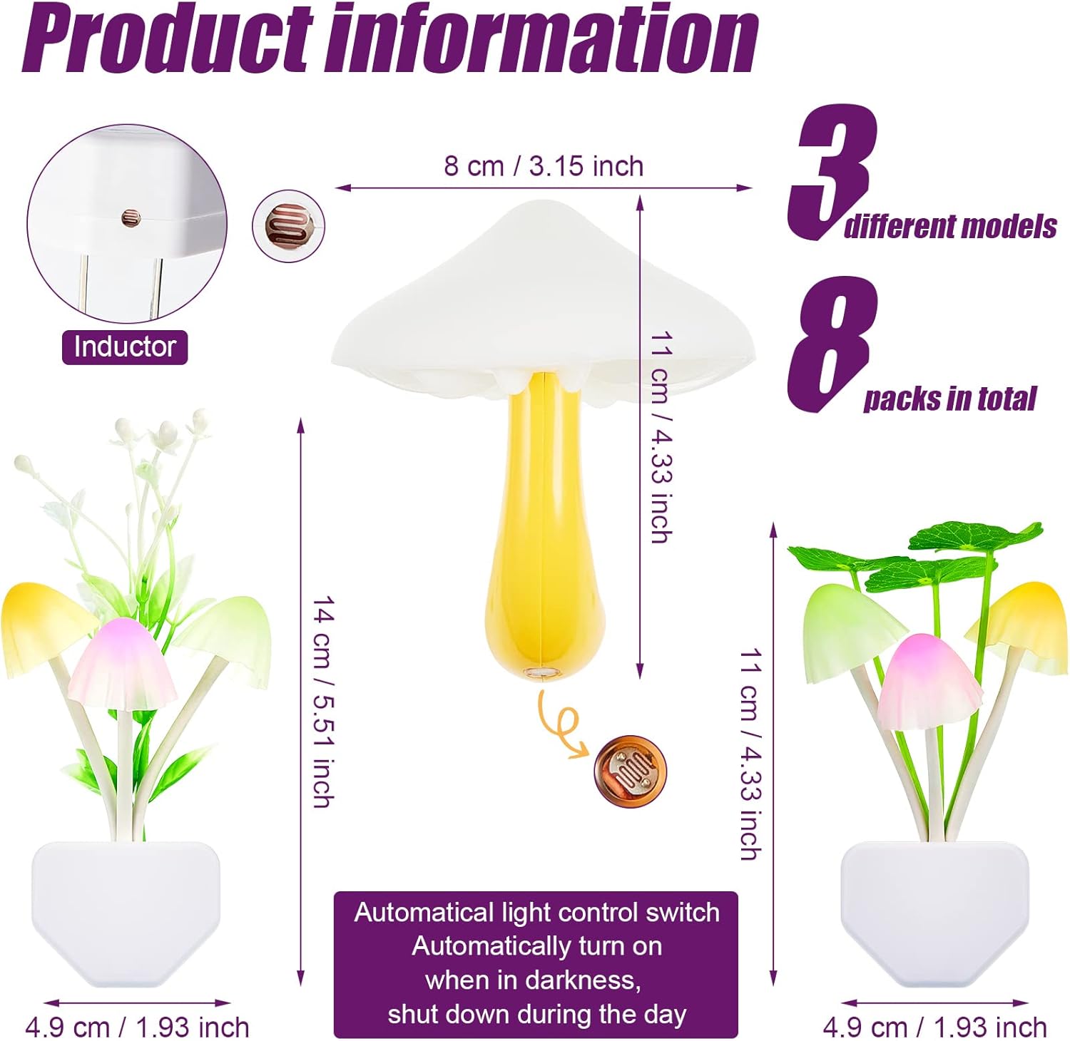 Riakrum 8 Pcs Mushroom Night Light 7 Color Changing Mushroom Lights LED Lamp Plug into Wall Sensor Cute Plant Night Lights for Bedroom, Bathroom, Stairs, Toilet, Hallway, Kitchen