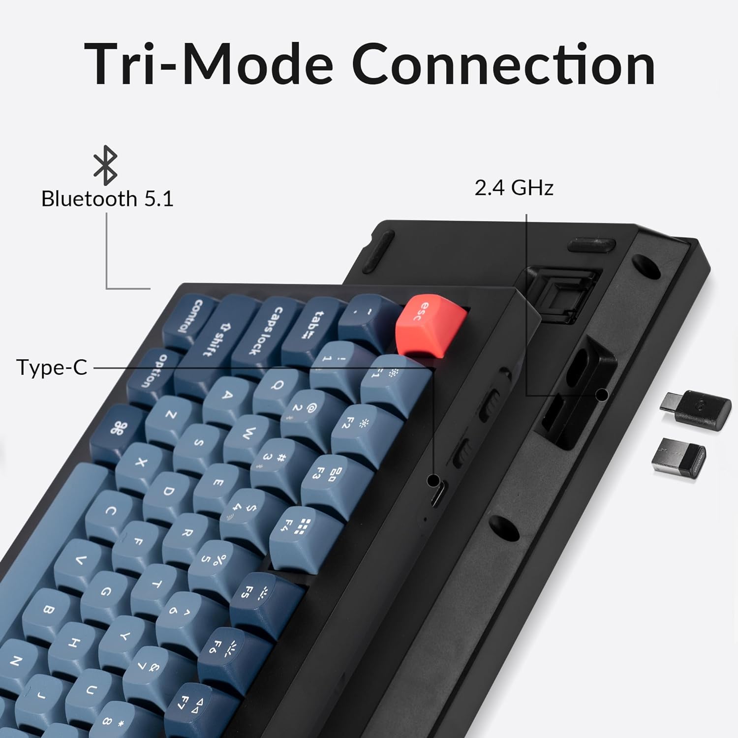 Keychron V3 Max showing 2.4 GHz, Bluetooth, and USB-C connectivity