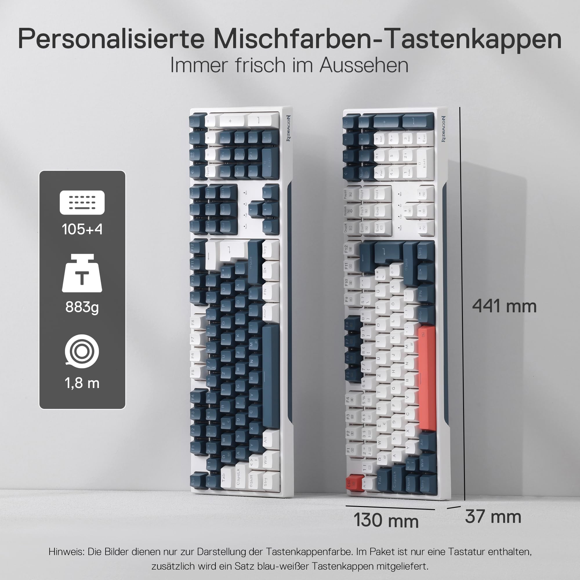 Redragon K668 QWERTZ-Layout Kabelgebundene Gaming-Tastatur, 105+4 Tasten Tastatur, Hot-Swap Sockel, Leise Roten Schaltern, Mischfarben-Tastenkappen, RGB-Hintergrundbeleuchtung, Multimedia-Shortcuts