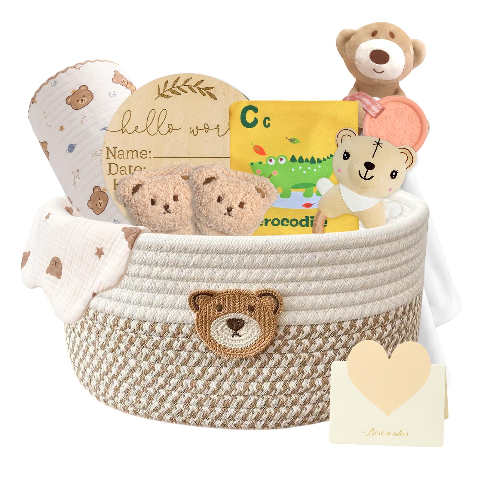 Regalo per neonati, 10 pezzi, grande cesto regalo per neonati, set regalo per bambini/ragazze, libro sensoriale, coperta, calzini fasciatoio, sonaglio, bavaglini, carte miliari