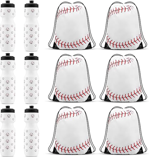 Sunnyray 12 piezas de regalos de fiesta de béisbol, 6 bolsas de béisbol de 13 x 17 pulgadas con cordón y 6 vasos deportivos de béisbol de 24 onzas,