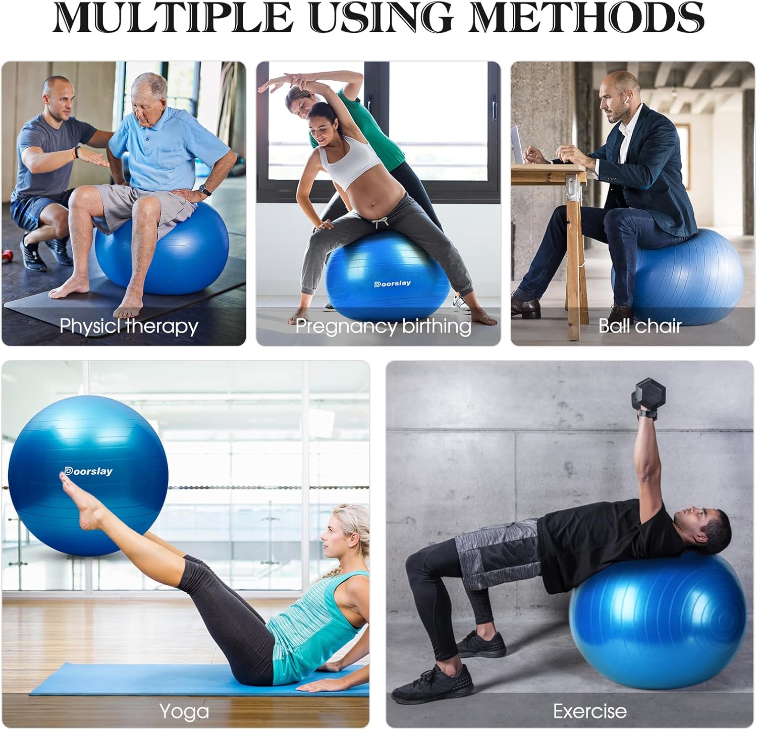 doorslay Anti-Burst Stability Exercise Yoga Ball, 2mm Extra Thick Anti-Slip Pilates Ball, Swiss Ball for Pregnancy Birthing, Workout, Fitness, Balance, Gym, Abs and Physical Therapy with Air Pump
