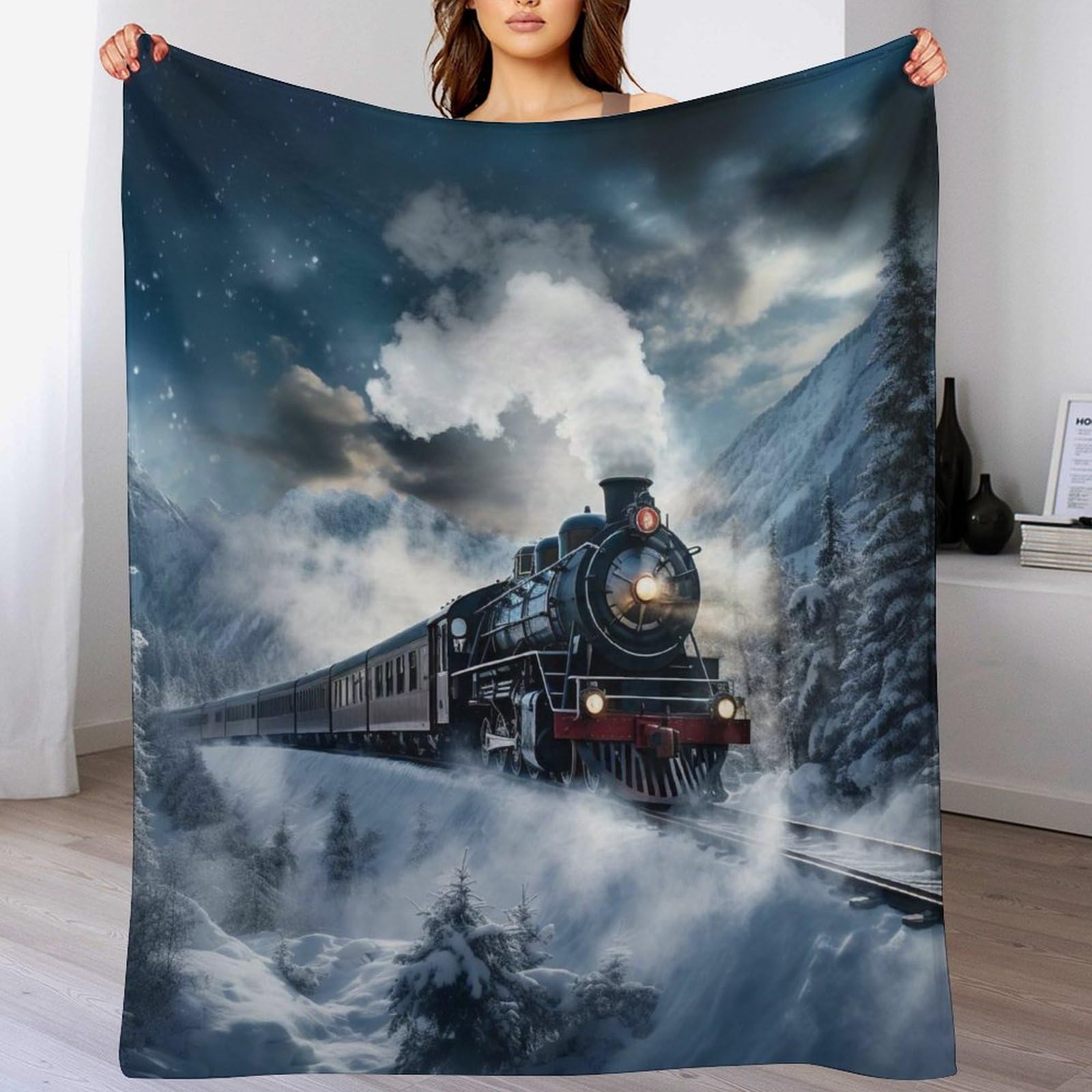 Couverture flanelle chaude lavable en machine plaid imprimé train 150x200cm pour l'hiver