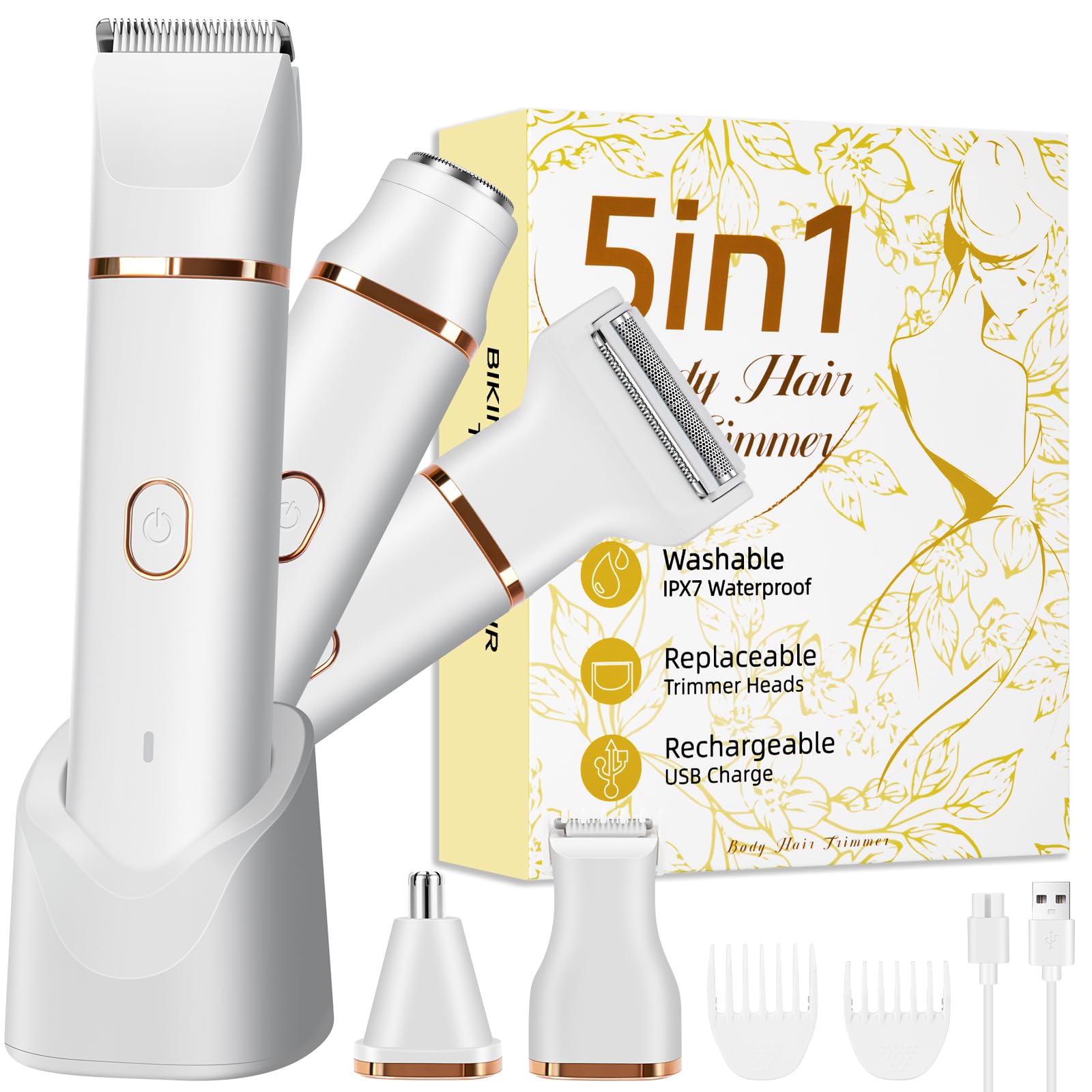 Women's 5-in-1 Body Hair Shaver, Bikini Trimmer, IPX7 Waterproof, USB White