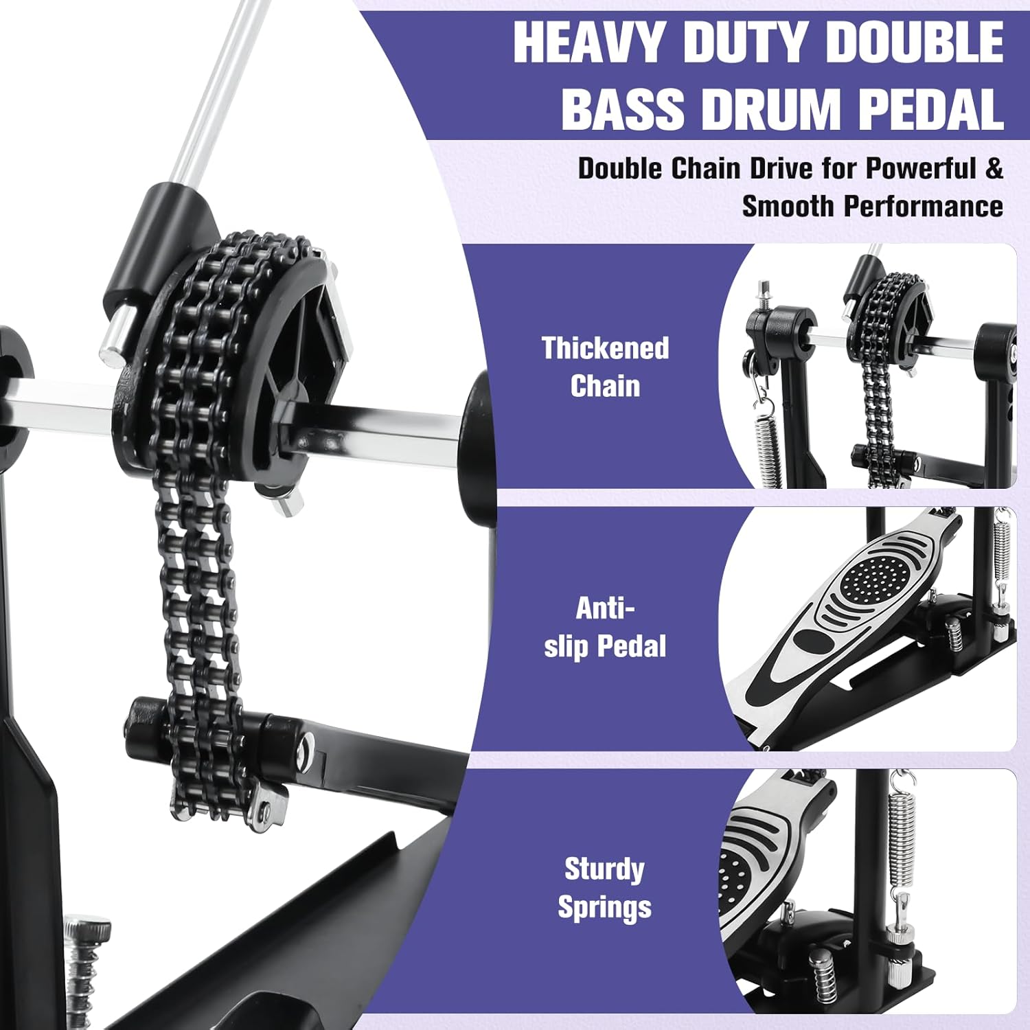 Bass Drum Pedal,Double Chain Drive Kick Pedal with Adjustable Spring & Beater Angle, Heavy-Duty Metal Foot Pedal with Non-Slip Base, Compatible with Acoustic/Electronic Drum Kits