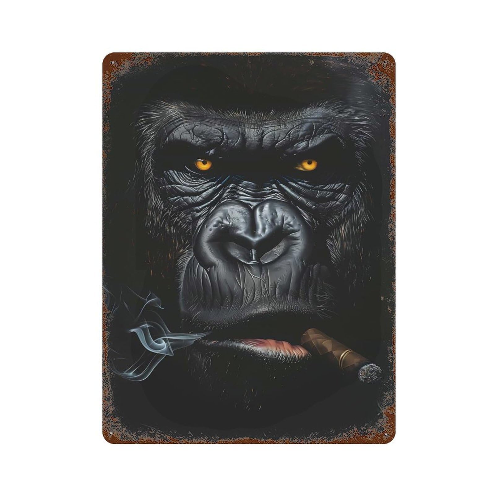 Gorilla Smoking Cigar 15.7"x11.8" Aged Metal Wall Plaque, Novelty Wall Decor for Garage, Bar And Workshop Decor