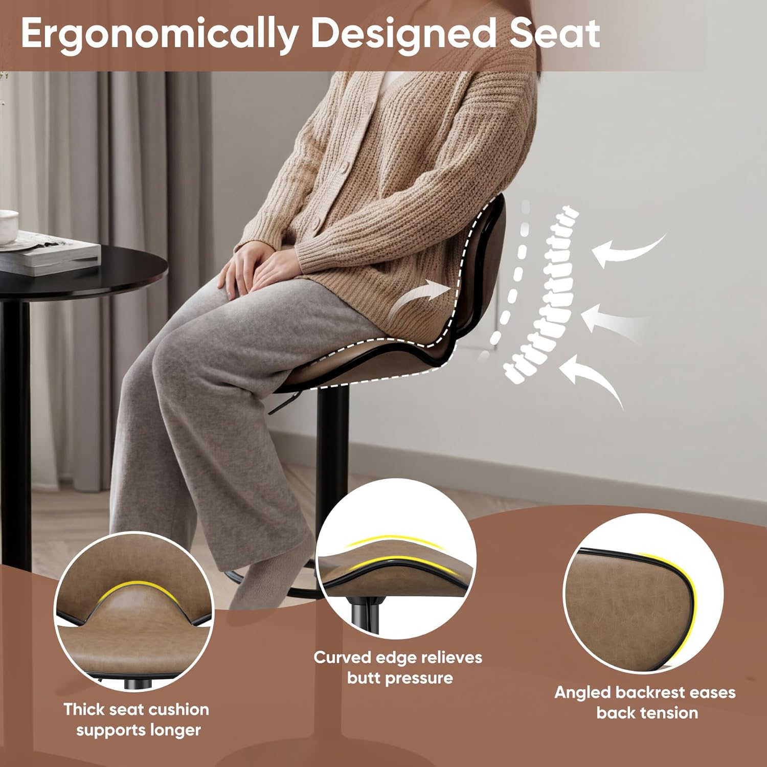 Bar Stools Set of 2, 360° Swivel Counter Height Barstools Adjustable Height, Leather Upholstered Bar Chair with Backrest and Footrest for Bar, Kitchen, Dining Room Brown