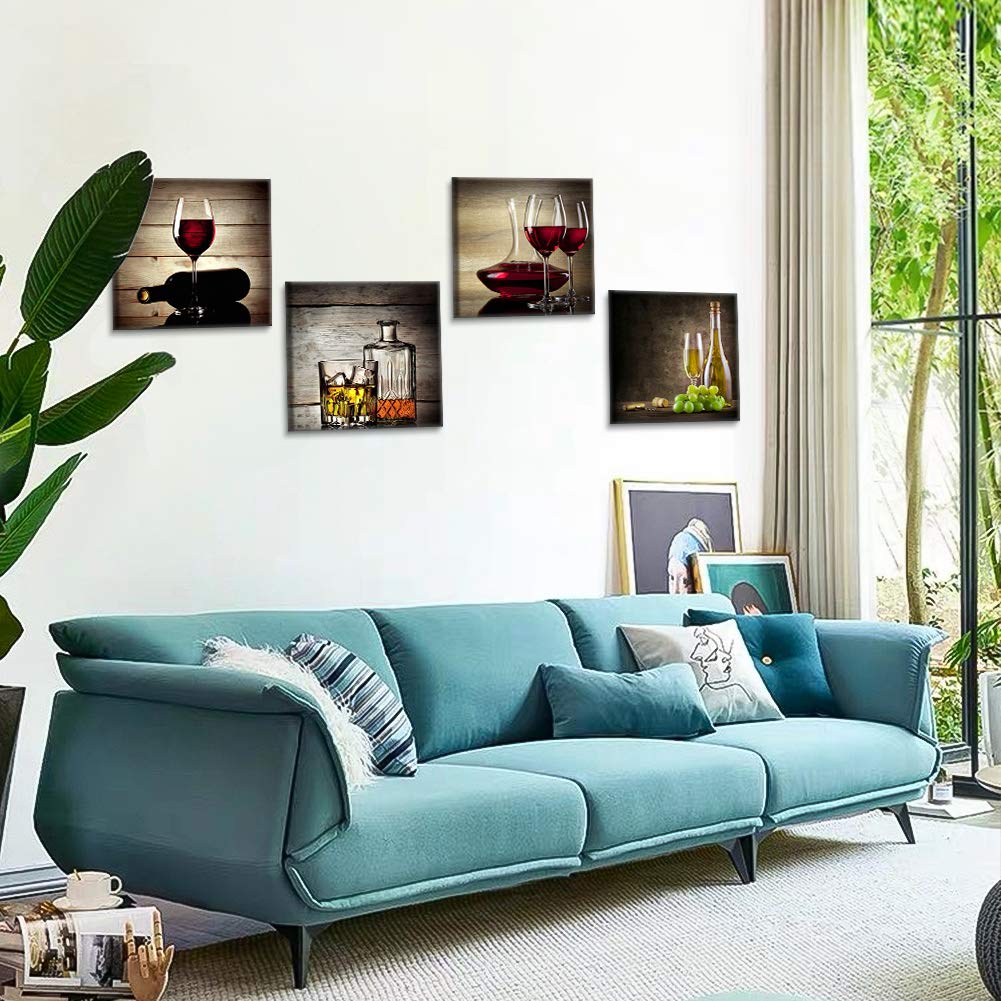 Artscope 4 parti Stampa su tela - Bicchiere da vino rosso, decorazione da parete per camera da letto, dipinti ad olio per casa, bagno, soggiorno, 30 x 30