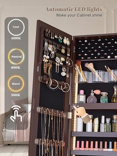 Miniatura 4 de LUXFURNI Armario de joyería de pie espejo de pantalla completa armario con bloqueo organizador grande de almacenamiento de cosméticos con soporte