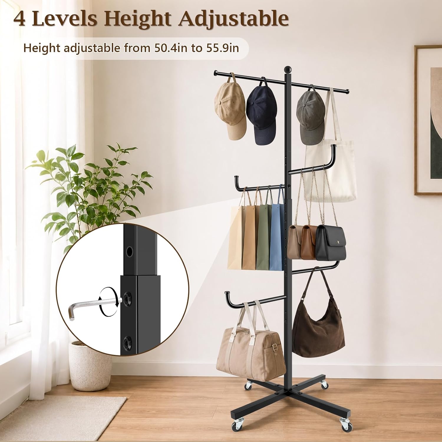 Adjustable Height Shopping Bag Rack, 50-56 Inch Purse Display Stand | Bag Rack with 6 hooks, Tote Bag Display Stand with Wheel, Bag Display Stand for Stores, Boutiques, Trade Shows