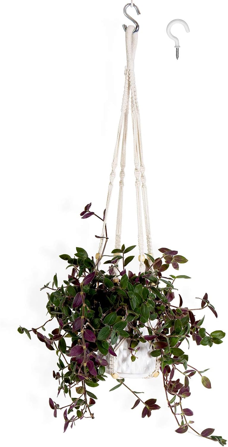 Encore Essentials Macrame Plant Hangers Indoor w/ 2 Hooks - Indoor Outdoor Cotton Rope Hanging Planter Basket with Decorative Wood Beads - Hanging Flower Pot Holder - Boho Plant Hanger Style