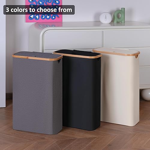 Miniatura 6 de Cesta de lavandería delgada, cesta de lavandería de 60 litros con tapa, canasta alta para lavandería, cesta de tela sucia con mango de bambú para