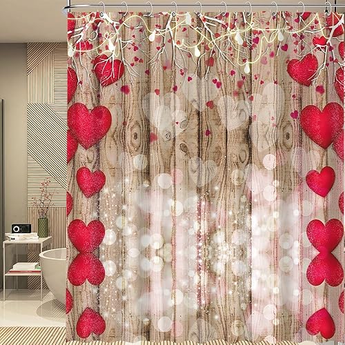 Miniatura 3 de DOTOOMA 72 x 72 pulgadas rojo amor pared lateral de madera femenina cortina de ducha lámpara cuerda bañera suministros primavera día San Valentín