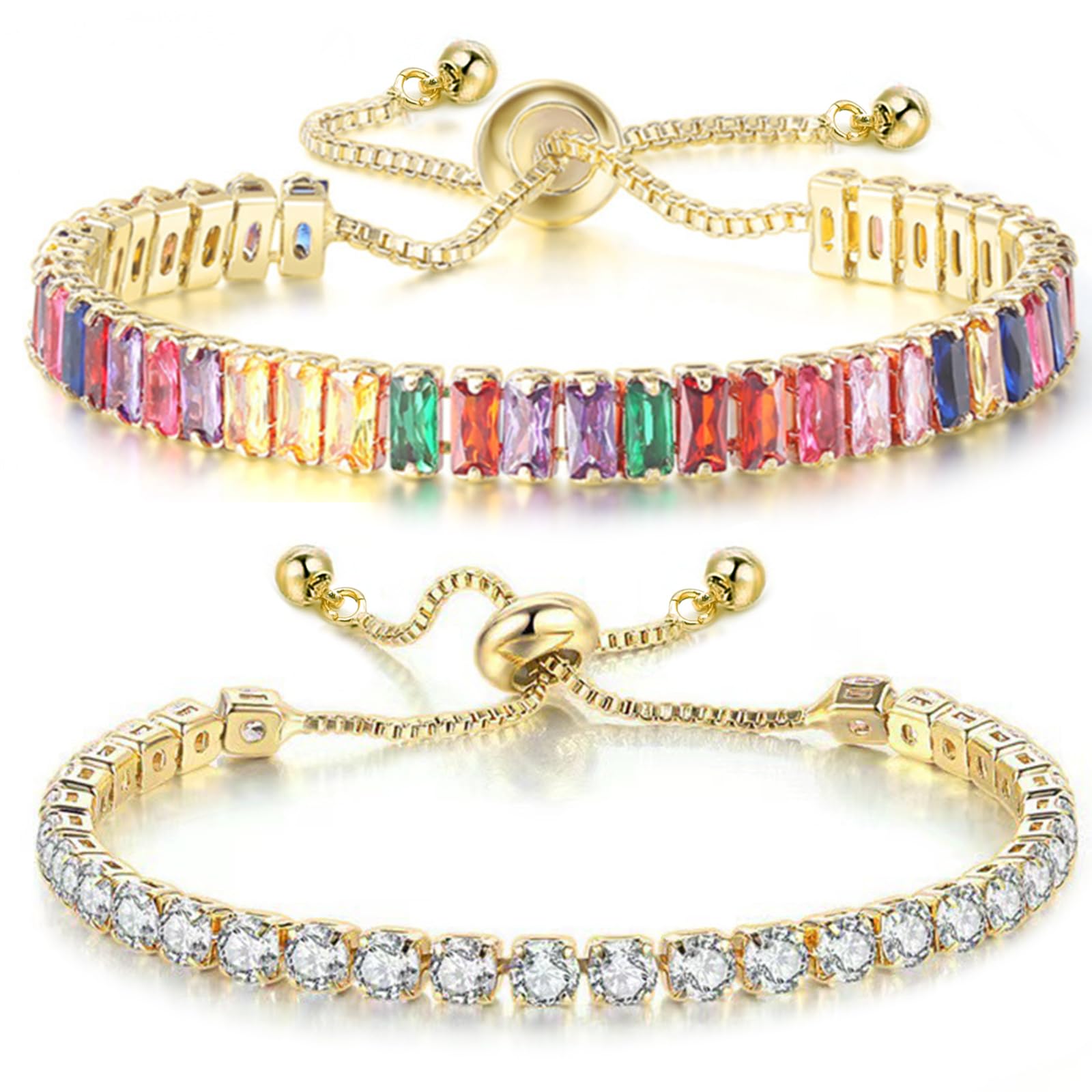 2 Pieces Tennis Bracelets for Women Cubic Zirconia Bracelet Rhinestone Adjustable Slider Bracelets