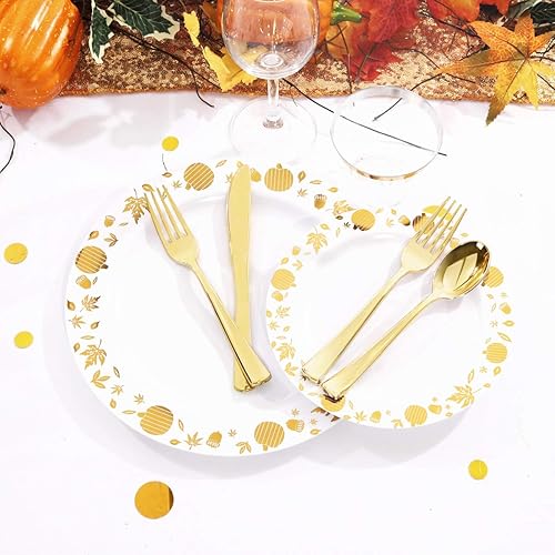 Miniatura 7 de WDF 150 platos de Acción de Gracias, cubiertos de plástico dorado, juegos de vajilla para 30 invitados incluyen 30 platos llanos, 30 platos de