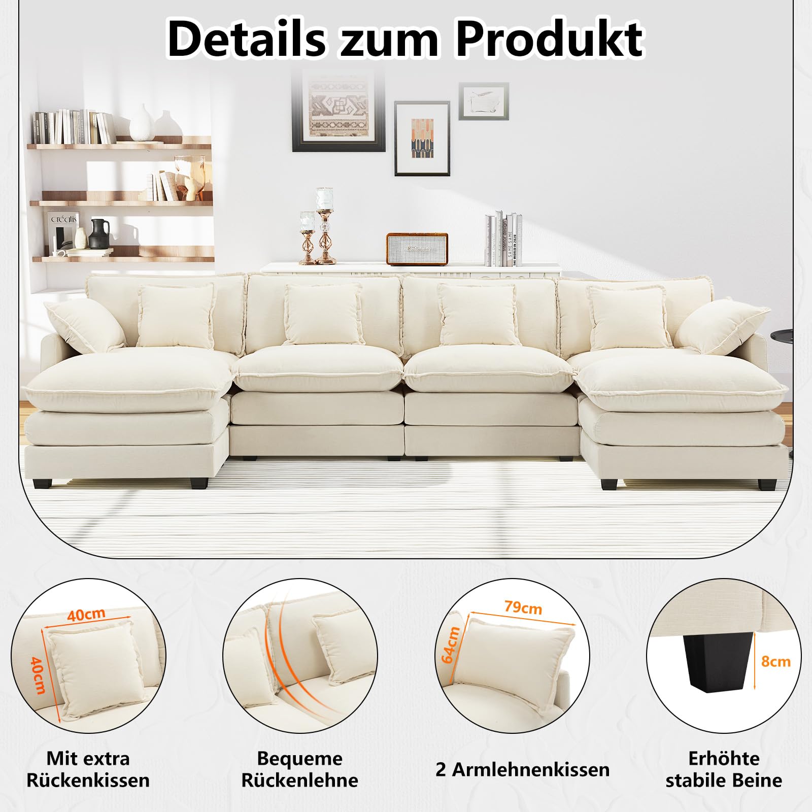 Urhanherry U-Form Cloud Sofa, Modulares Sektionssofa 6-Sitzer mit 2 Ottomanen, Modernes Sofa mit Dekokissen/Armlehnen, Atmungsaktivem Chenille-Stoff, U Sofa Couch für Wohnzimmer, Beige