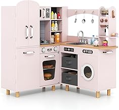 COSTWAY Kitchen Toy with Light and Sound, Children's Kitchen with Refrigerator, Coffee Maker, Washing Machine, Oven, Alcement Boxes and 12 Accessories, Children's Wooden Kitchen for Children 3+ Years