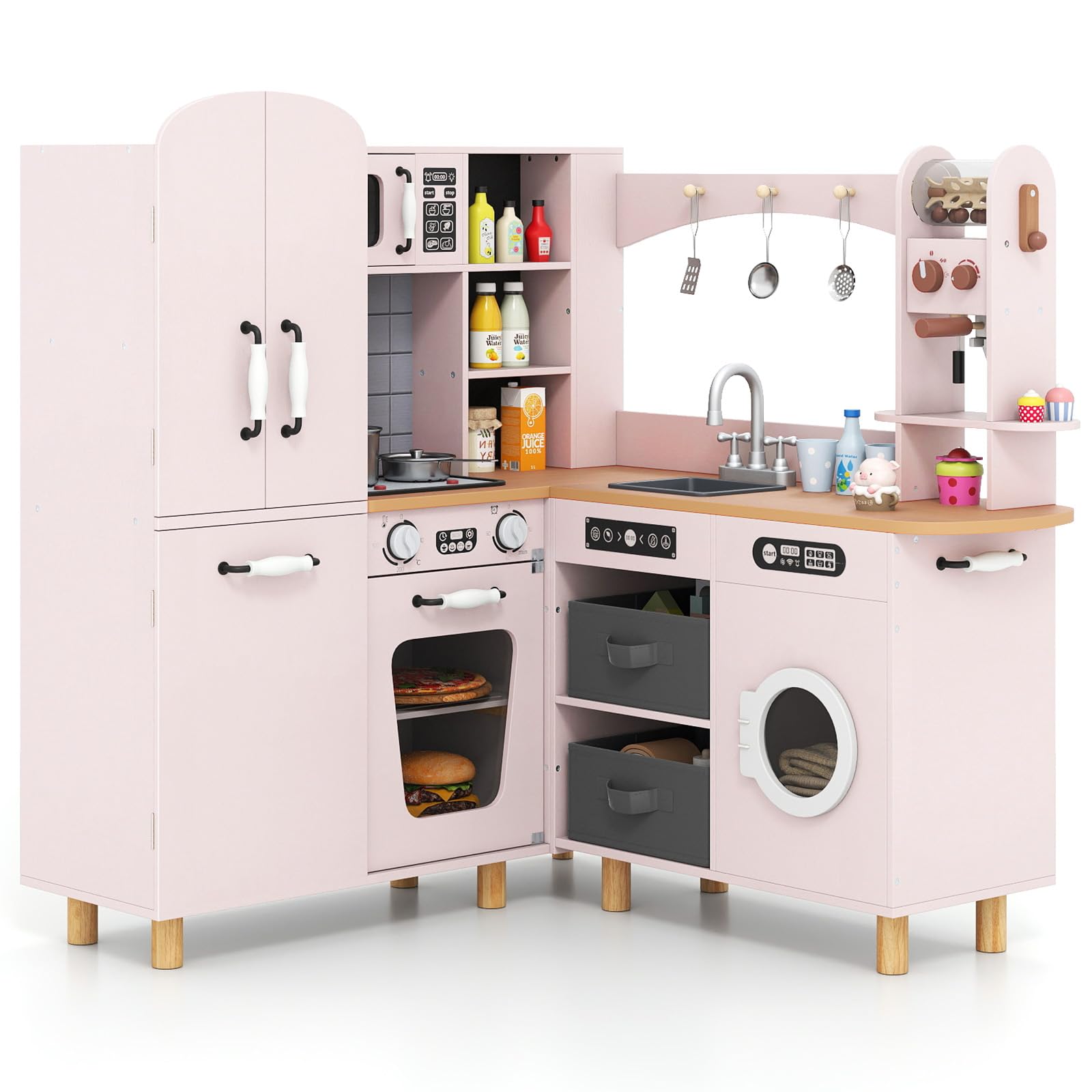 RELAX4LIFE Cucina Giocattolo per Bambini, Cucina ad Angolo in Legno, Effetti Suoni e Luci, Fornelli, Frigorifero, Macchina da Caffè, Lavatrice e Utensili, per Bambini 3+ Anni (Rosa)
