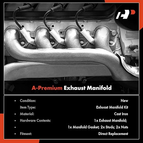 Vista 18 de A-Premium Kit colector de escape del motor del lado derecho [8Cyl 5.8L] con junta, espárragos y tuercas compatible con Ford F-150 88-96, F-250 F-350