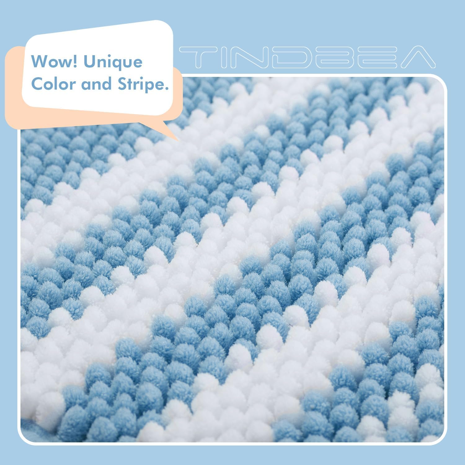 Tindbea Bathroom Rugs Set 2 Piece, Extra Soft and Absorbent Fluffy Striped Chenille Bath Mat Rug Set, Non Slip Bathroom Floor Mat, Machine Washable (20" x 32" Plus 16" x 24", Blue)