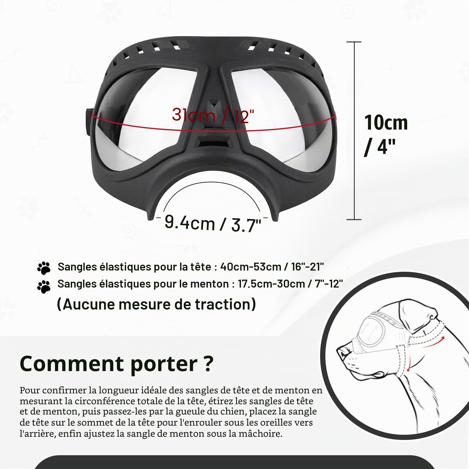 NAMSAN Lunettes pour Chiens Protection des Yeux Sangles Réglables Facile à Mettre Anti-UV Lunettes de Soleil pour Moyen/Grand Chien