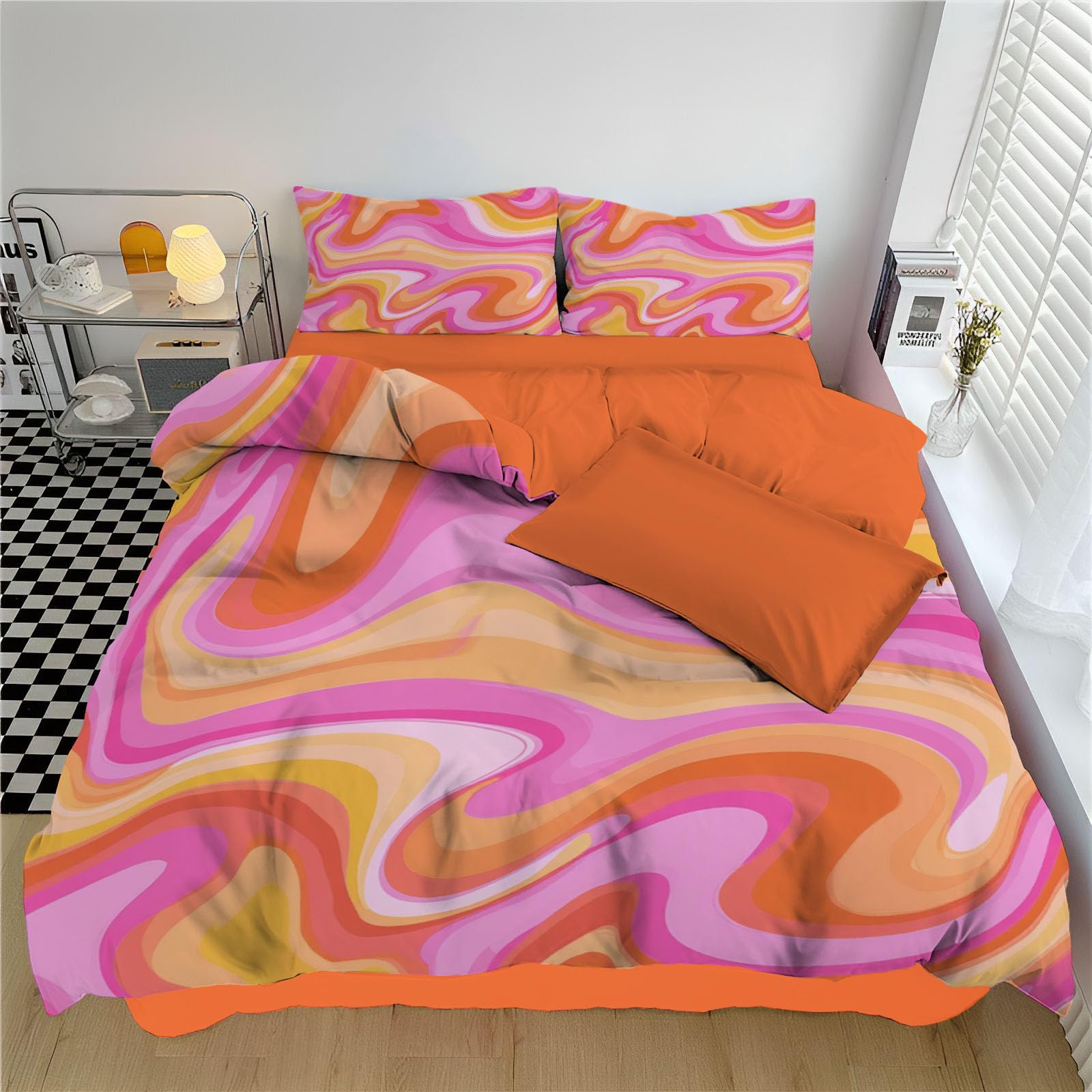 Housse de couette 220x240cm orange abstrait en microfibre avec ses deux taies d'oreiller assorties