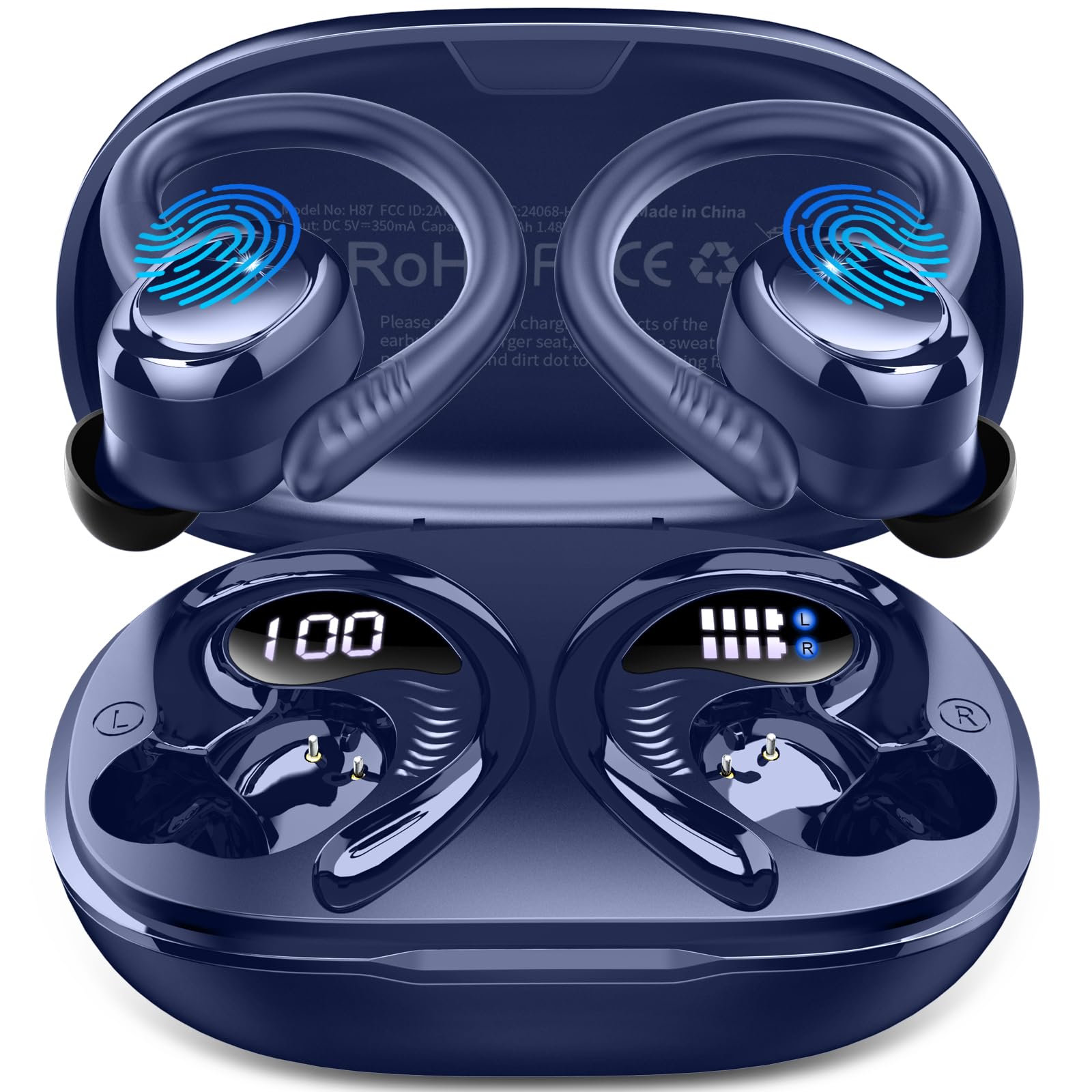 Auriculares Inalámbricos Bluetooth Deportivos, 60H Auriculares Bluetooth 5.4 con HiFi Estéreo, 4 ENC Mics, 2026 Cascos Inalambricos con Cancelación RuidoI/IP7 Impermeable/Azul Auriculares para Correr