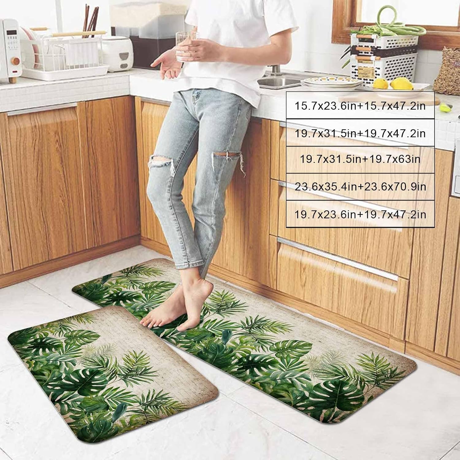 Prime Leader Summer Tropical Leaf Kitchen Mat Set 2 Pieces Country Retro Watercolor Green Plant Leaves Non Slip Kitchen Rugs Washable Runner Rug Mats for Sink Laundry (23.6" x 35.4"+23.6" x 70.9")