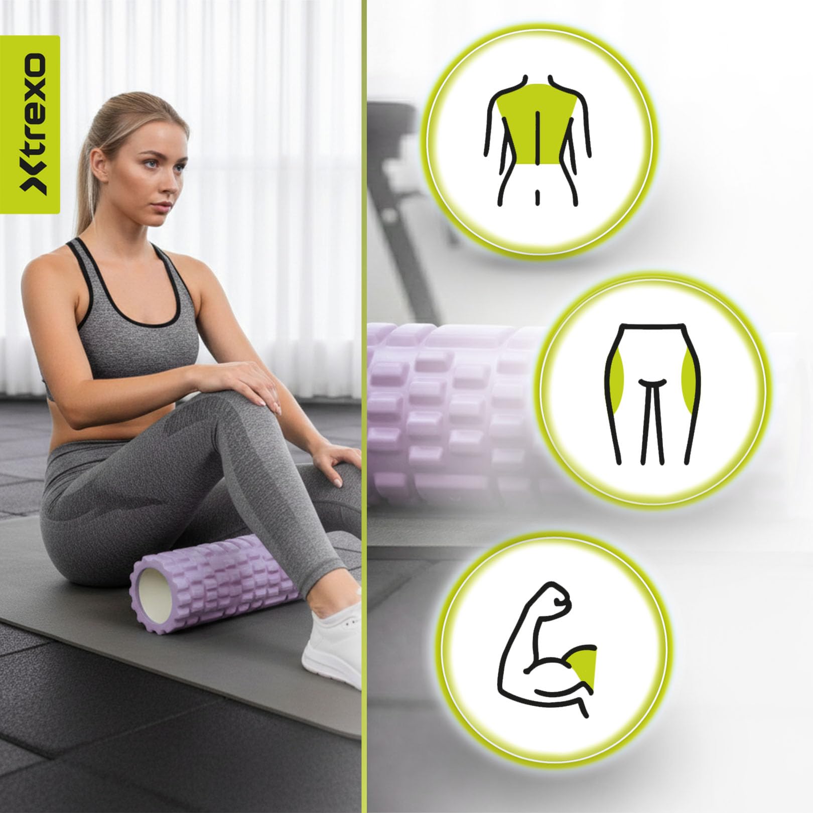 XTREXO wałek piankowy do treningu powięzi – ergonomiczny wałek do masażu z pianki EVA i PP – 33 x 14 cm – skuteczna regeneracja i odprężenie mięśni do jogi, pilatesu i sportów siłowych (fioletowy)