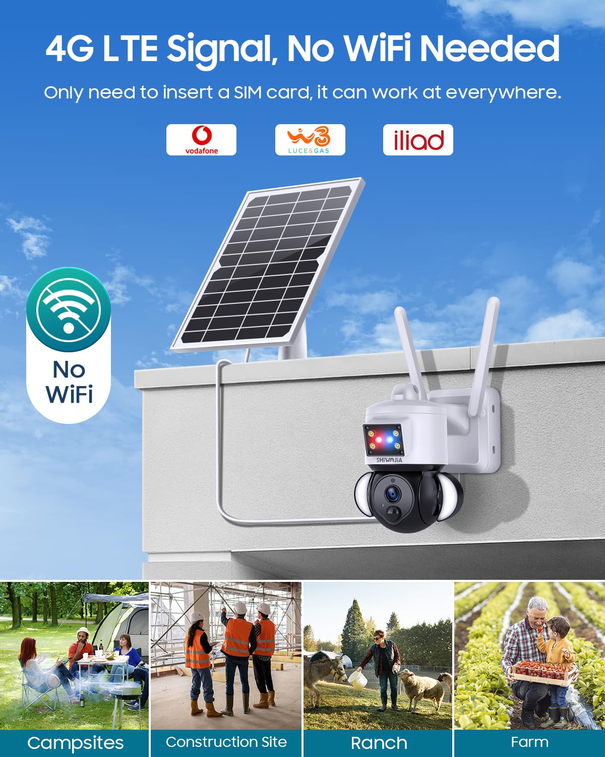 SHIWOJIA 4G Telecamera SIM Esterno con Solare, 2K 4MP 360° PTZ Telecamera Senza Fili con Batteria 12000mAh, Rilevamento PIR, Audio Bidirezionale, Allarmedi Luce Rossa e Blu, SD& Cloud archiviazione