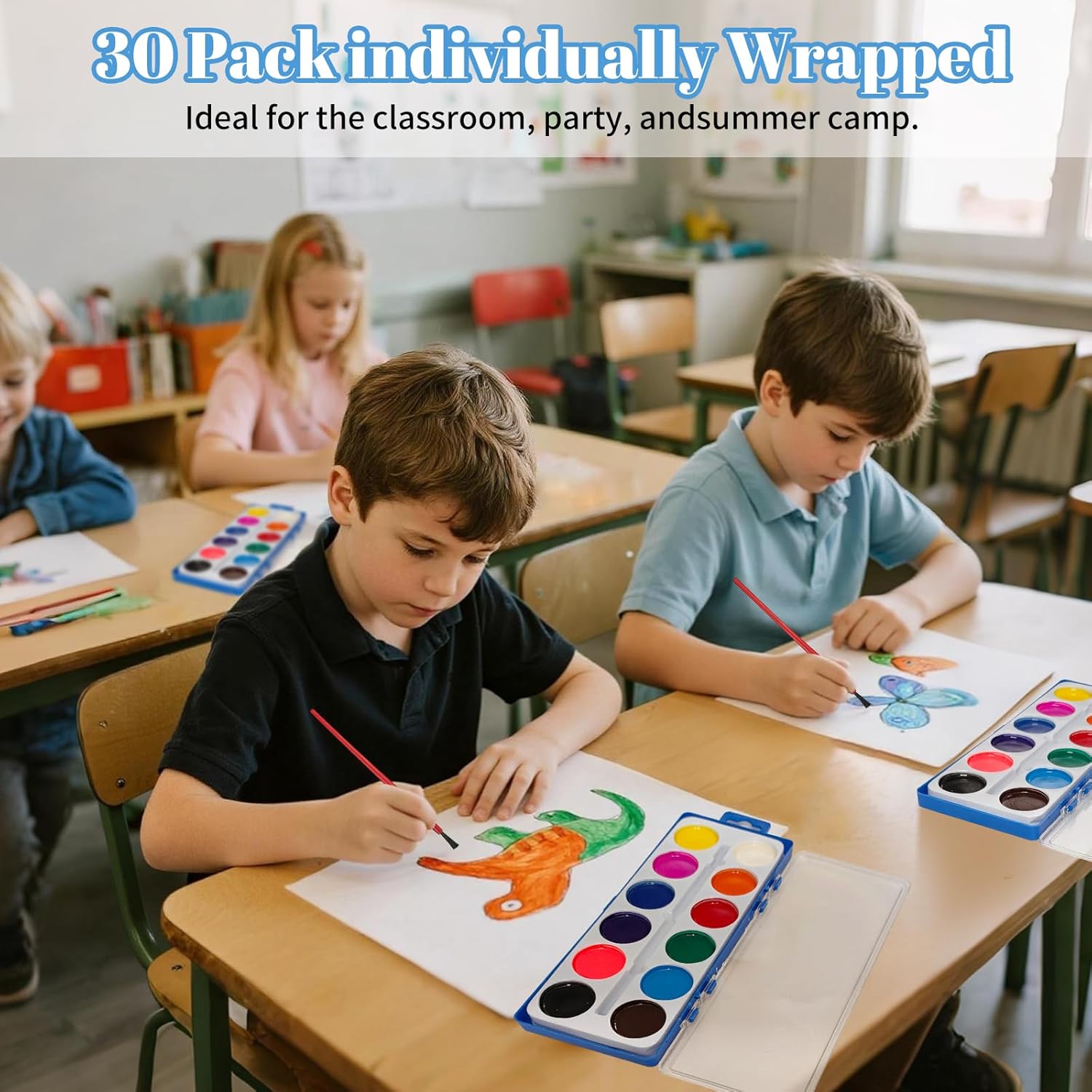 30 Pack Watercolor Paint Set Bulk, with 12 Vibrant Colors and 30 Brushes, Washable Water Color Paint Sets for Kids and Adults, Valentines Day Gifts for Kid, Valentines Party Favors, School Art Supplies