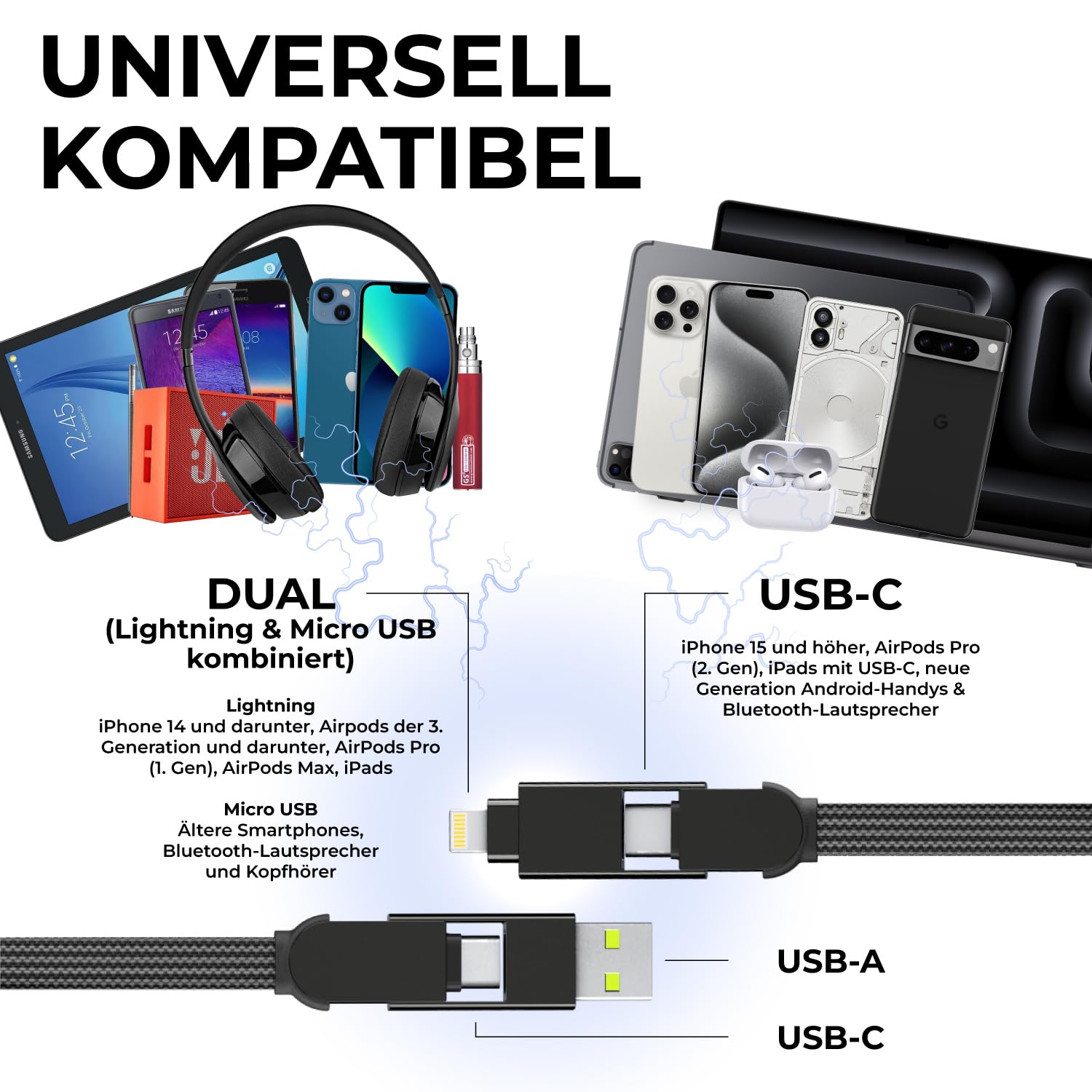 Rolling Square inCharge XL 200 cm - USB-C-Kabel, Universal-Smartphone-Kabel, Geschenk für Männer, 6-in-1-Universalladegerät für Smartphones, Schwarz, Lightning-Kabel 100 W, Multipack 3x