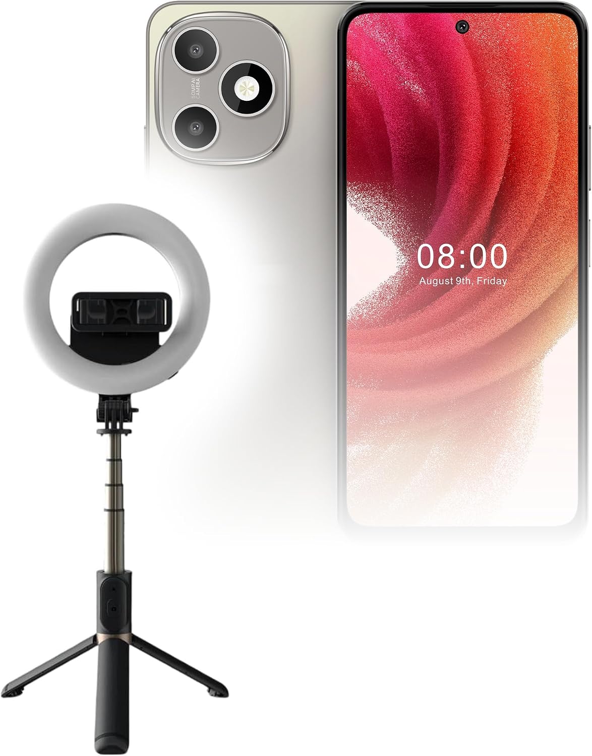 BoxWave Stand and Mount Compatible with HMD Luma - RingLight SelfiePod, Selfie Stick Extendable Arm with Ring Light - Jet Black