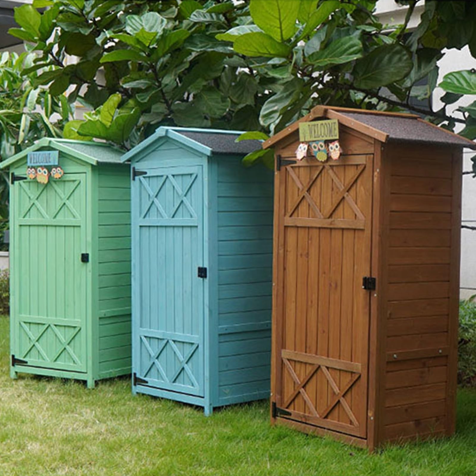 Armadietto organizer per attrezzi da giardino con tetto in asfalto impermeabile, capanno in legno blu cielo, per balcone, patio e prato, per una facile organizzazione e protezione
