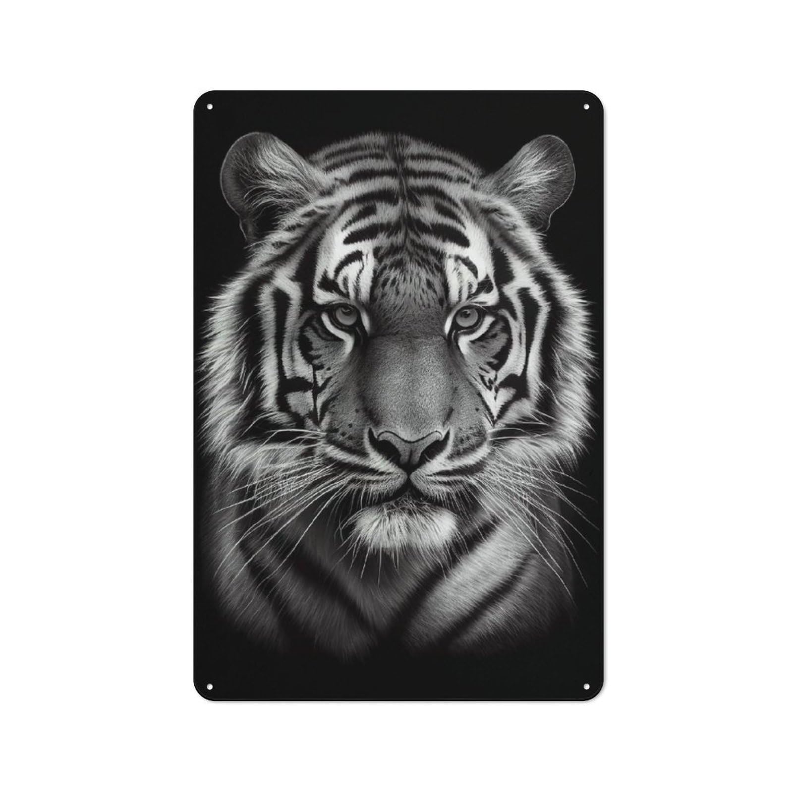 Junmoney Tiger Face Black And White For Hobby Room Or Studio, Rustic Metal Sign 30X20cm, For Creative Interior Collectors Refreshing A Room In Autumn