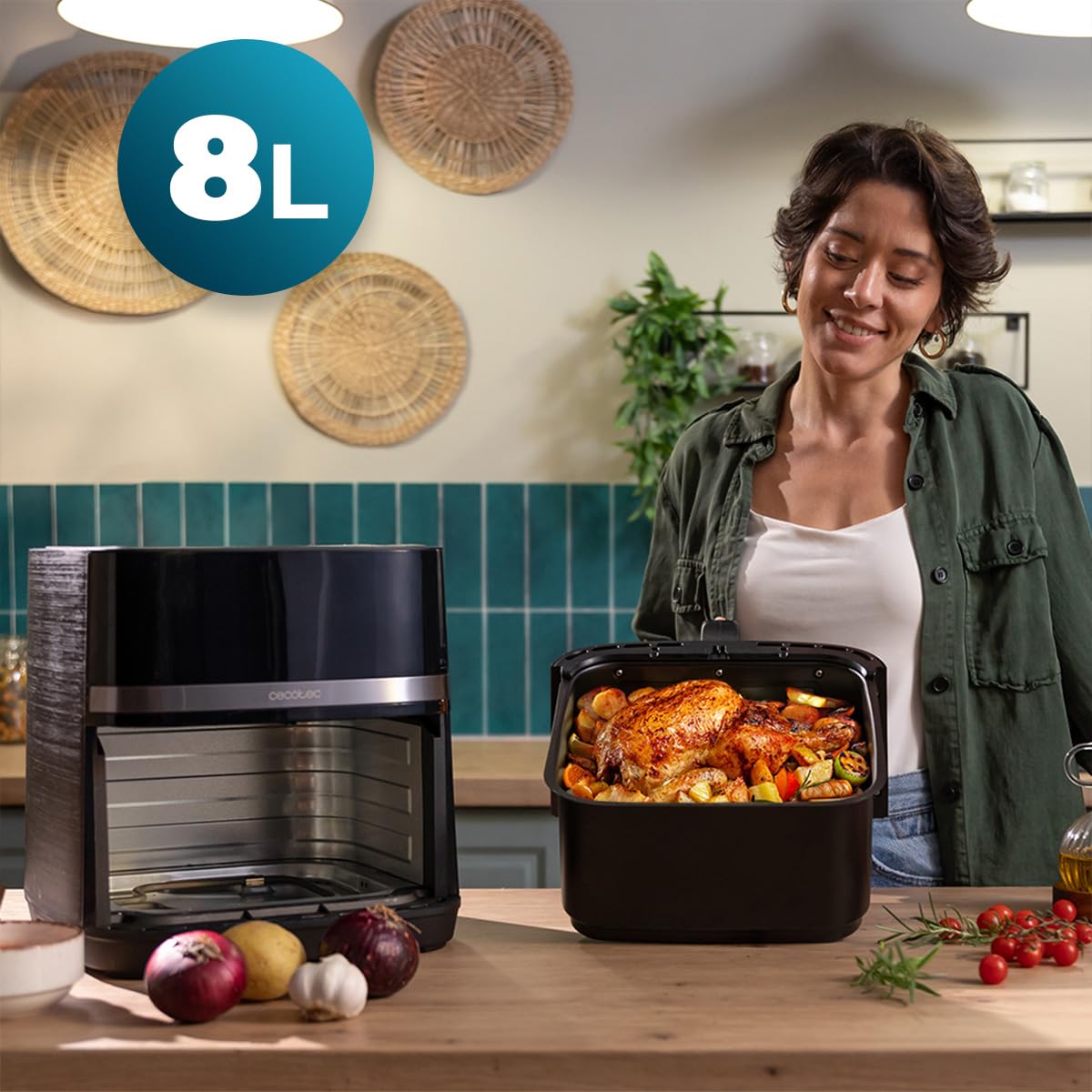Cecotec Friggitrice ad Aria 8 L con Doppio Grill Cecofry&Grill Duoheat 8000 Hot. 2200 W, Doratura Perfetta e Sapore di Griglia nelle Carni, Temperatura tra 80-200 °C, 8 Menu e Finestra