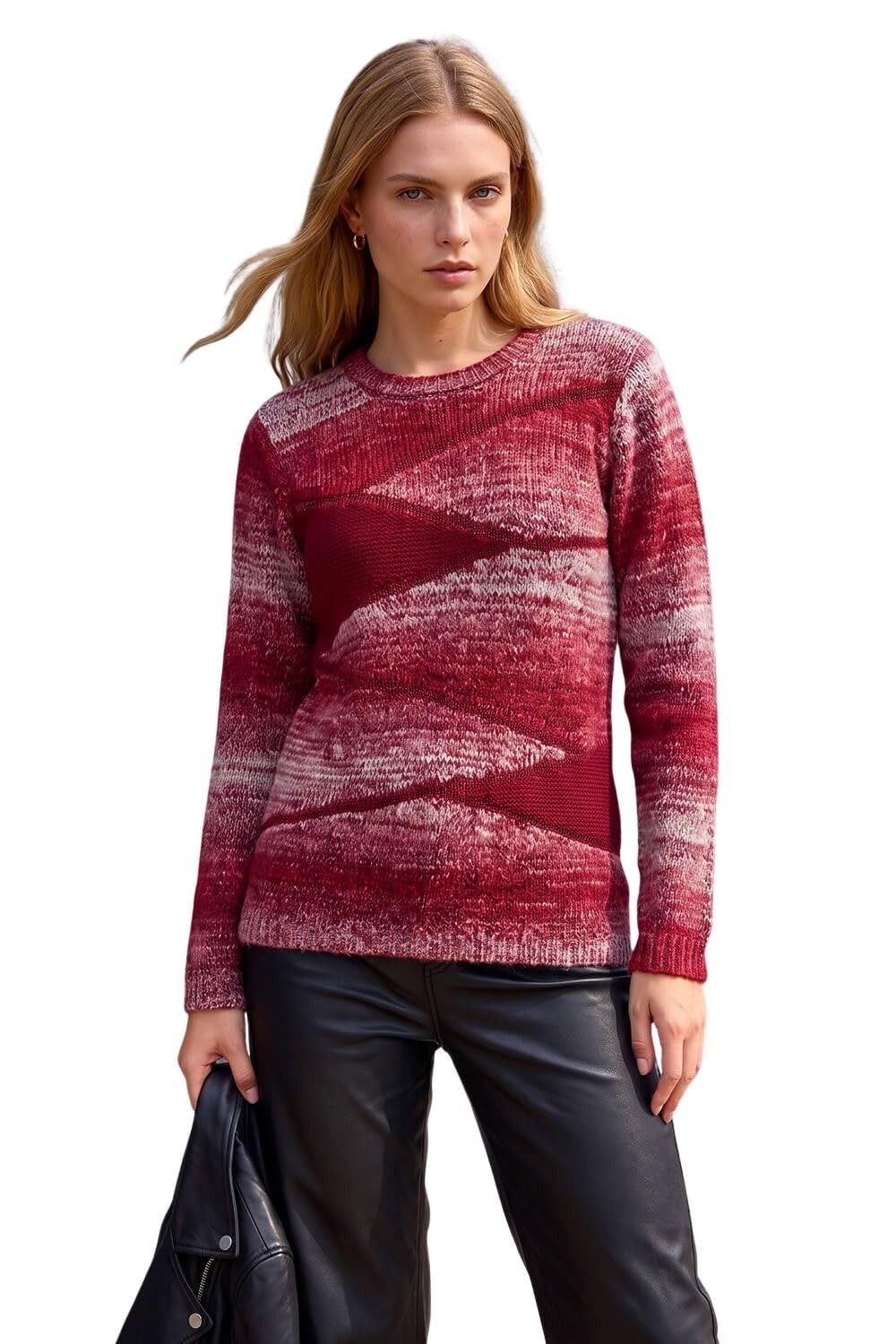 Roman Originals Women's Red Colour Block Knit Jumper For Uk - Everyday Autumn Winter Crew Neckline Comfy Soft Evening Vacation Work Party Night Out - Size 12