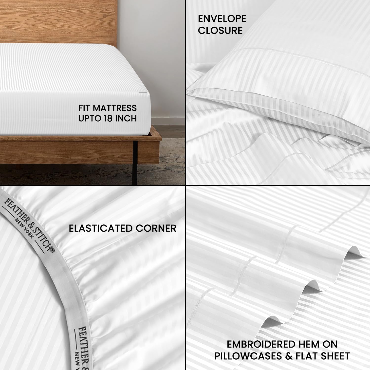 Feather & Stitch 500TC Full Size Damask Bed Sheet Set, 100% Soft Cotton Breathable Bedsheets, 18" Deep Pockets Sateen Weave Striped Bedding Mattress Resort Hotel Luxury Dcor - (Stripe White, Full) - Image 3