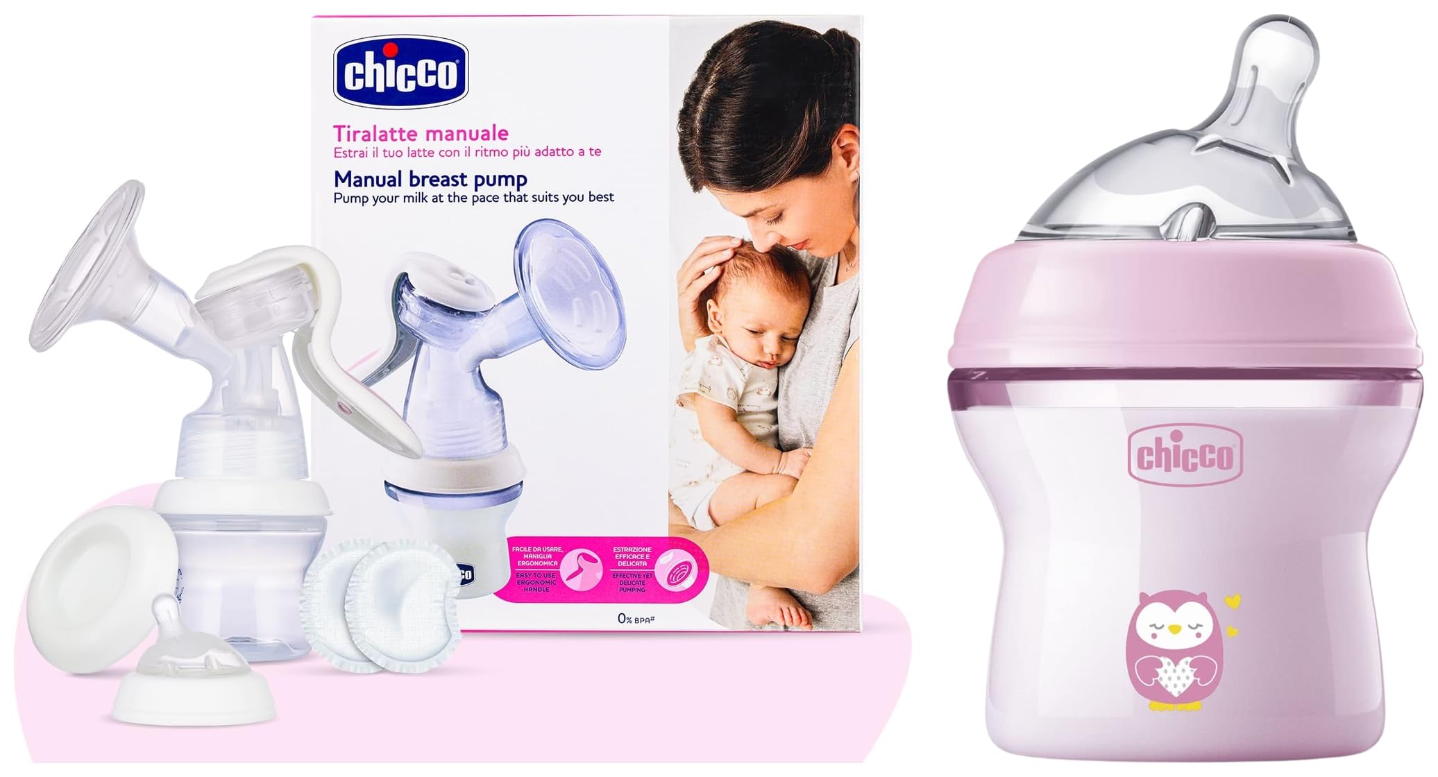 Chicco Natural Feeling Manual Breast Pump with 2 Phase Pumping Technology, Extra Soft Silicone Cup & Easy Grip Handle, BPA Free - Chicco Natural Feeling 150ml Baby Milk Feeding Bottle with