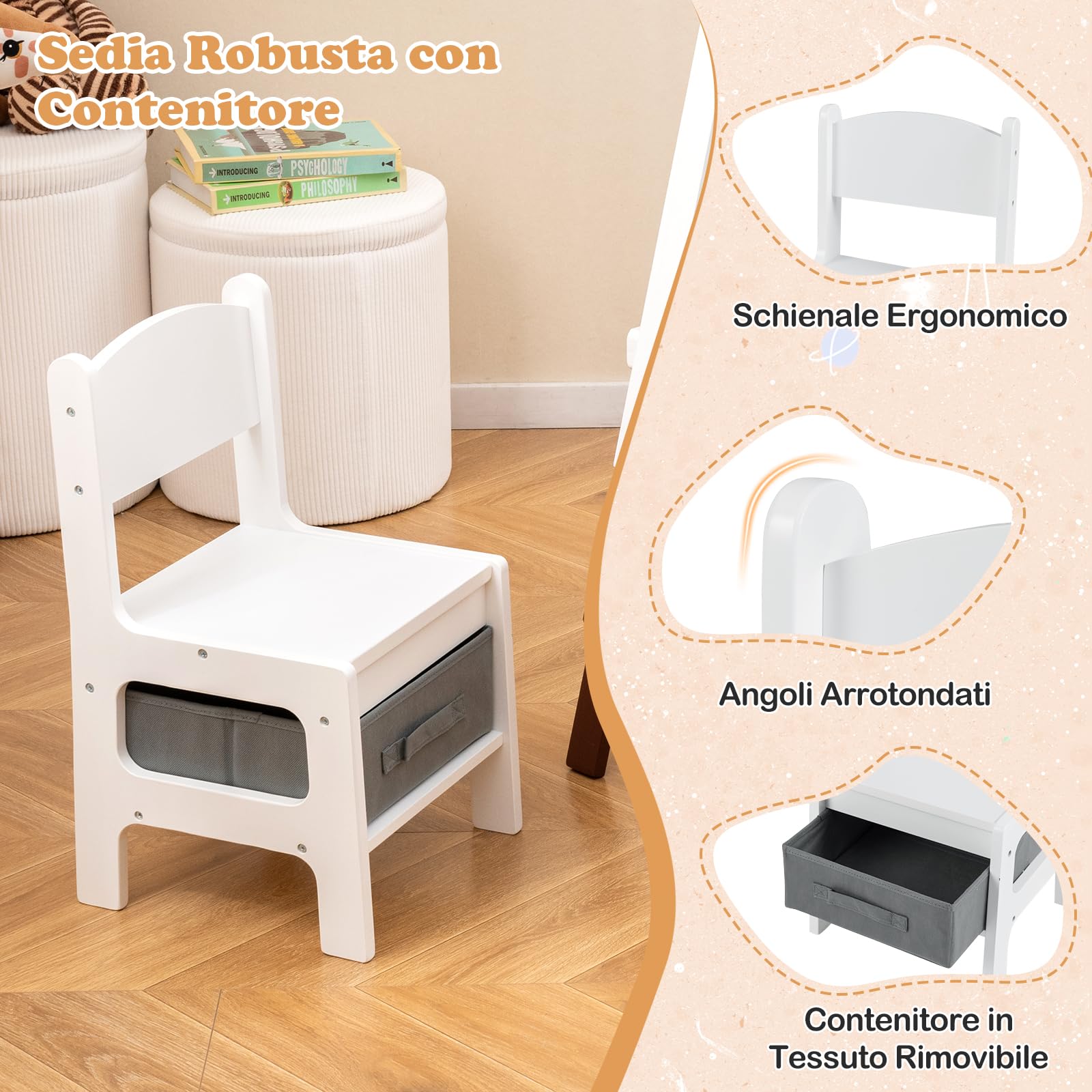 RELAX4LIFE 3 in 1 Lavagna Bambini in Legno, Cavalletto Artistico Bifacciale con Porta Rotoli, Altezza Regolabile e Barre Magnetiche. Include Sedia e Cestino per 3+ Anni (Bianco+Verde)
