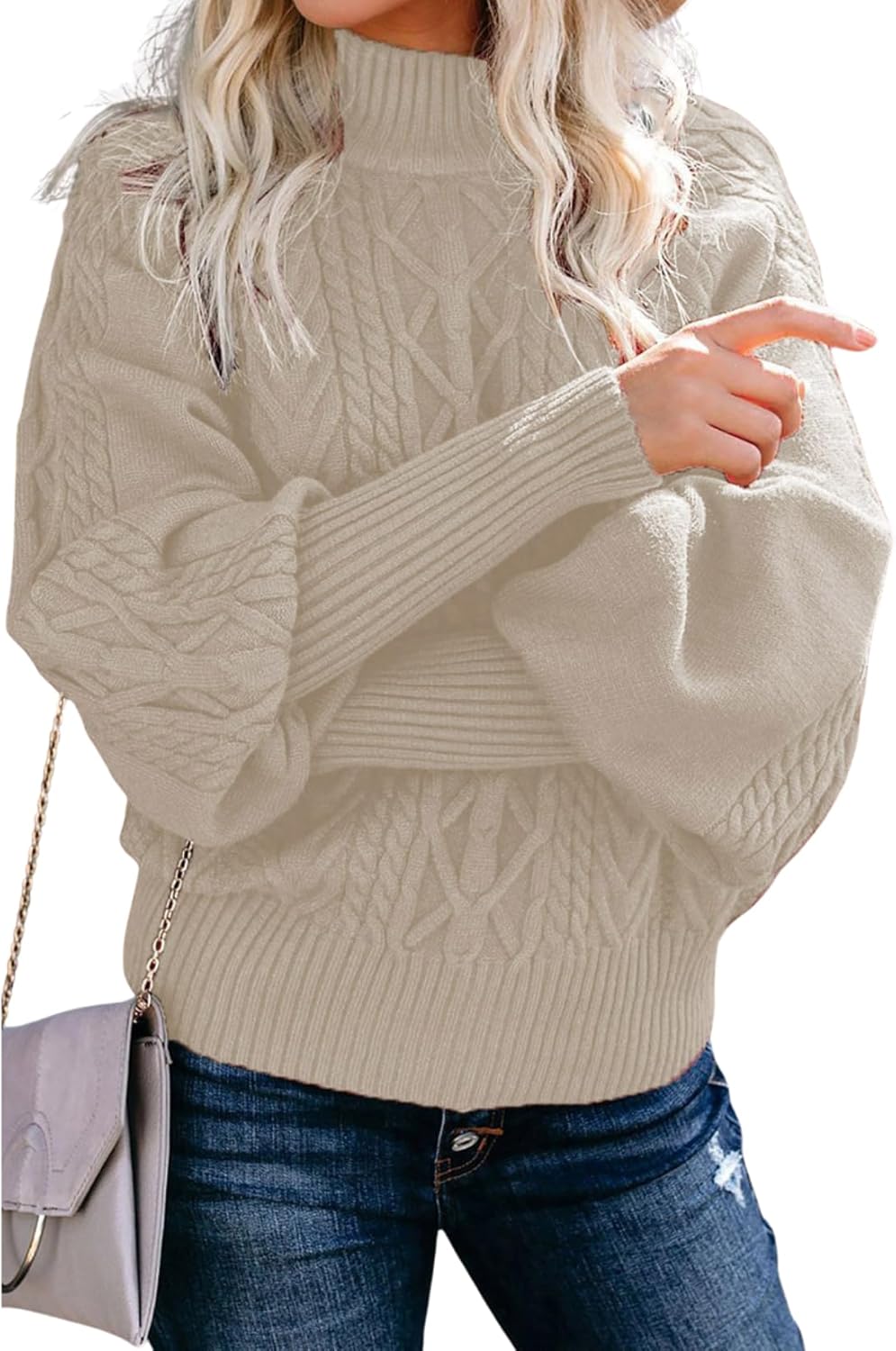 Women's Chunky Cable Knit Turtleneck Sweater Winter Pullover with Puff Sleeves Solid Color Loose Fit Top - Image 2