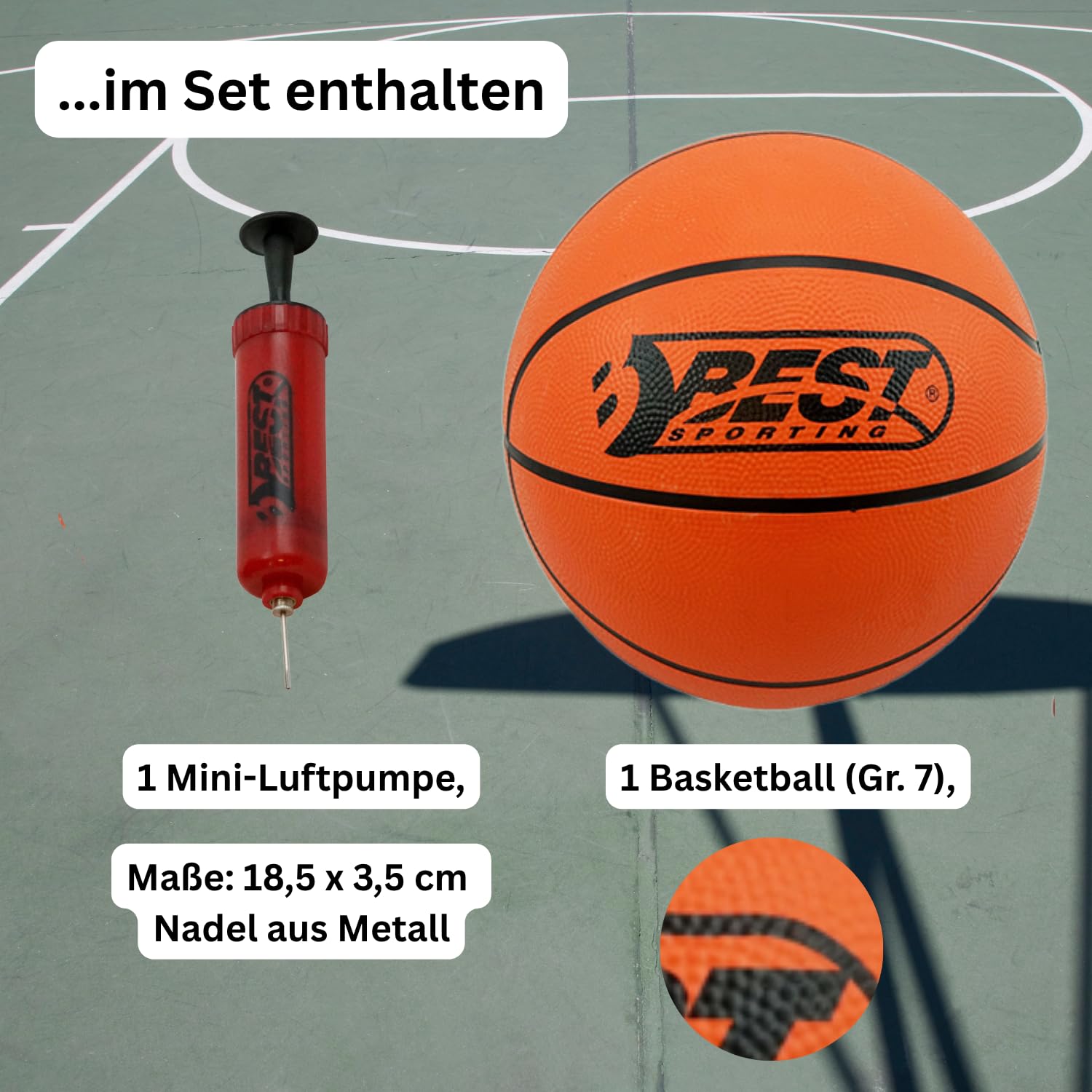 BEST SPORTING Basketballkorb Outdoor 165–205 cm – Verstellbar & mobil – Transportable Korbanlage mit stabilem Standfuß – Optional mit Basketball & Pumpe – Für Kinder & Einsteiger