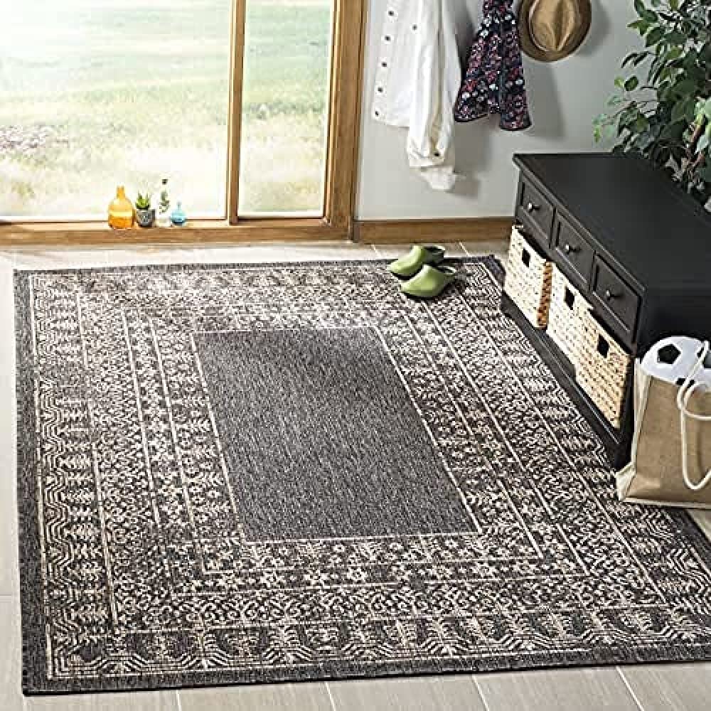 SafaviehContemporary Rug for Indoor & Outdoor - Courtyard Collection, Short Pile, in Black and Natural color, 201 X 290 cm